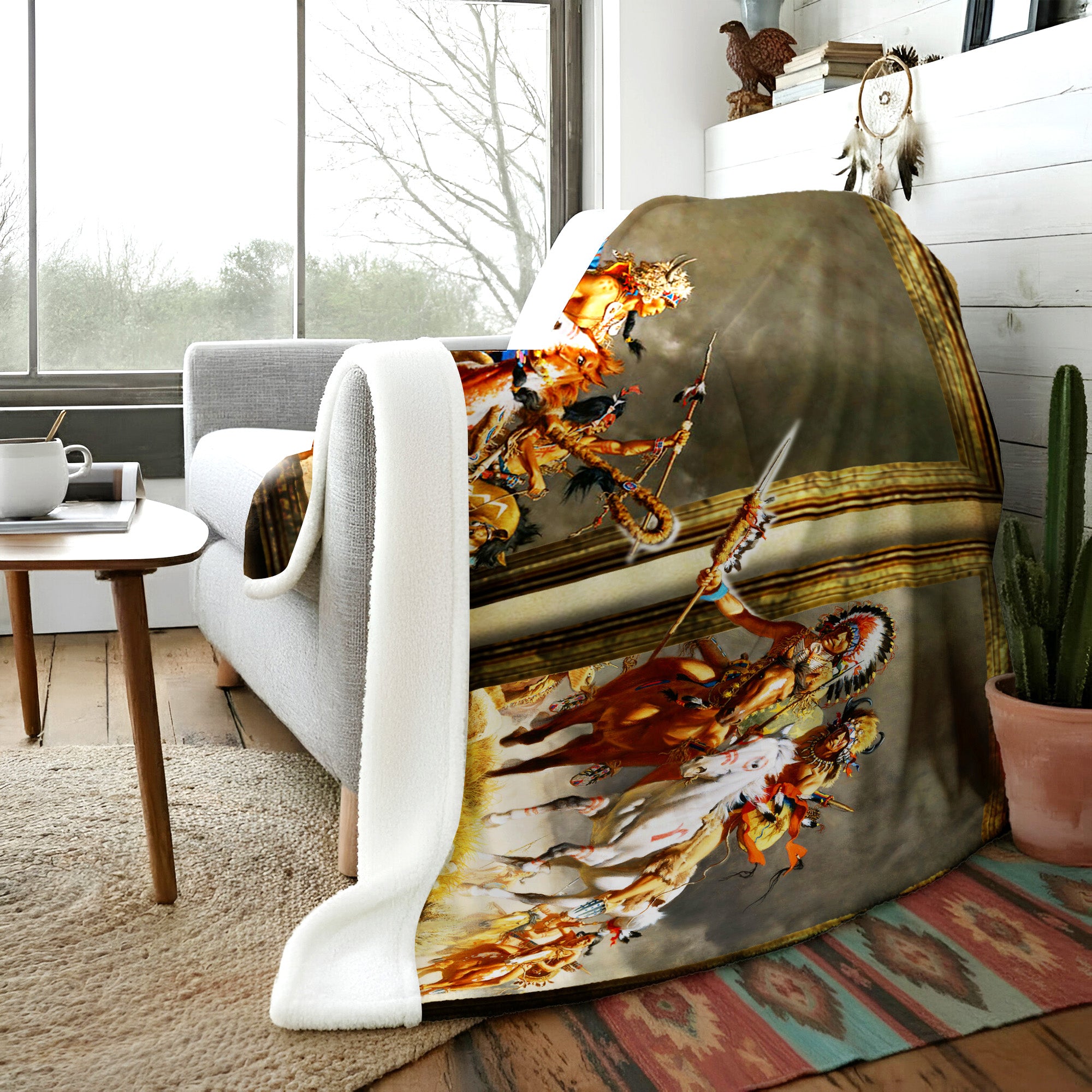Native American Style Wariors Soft And Warm Premium Fleece Blanket