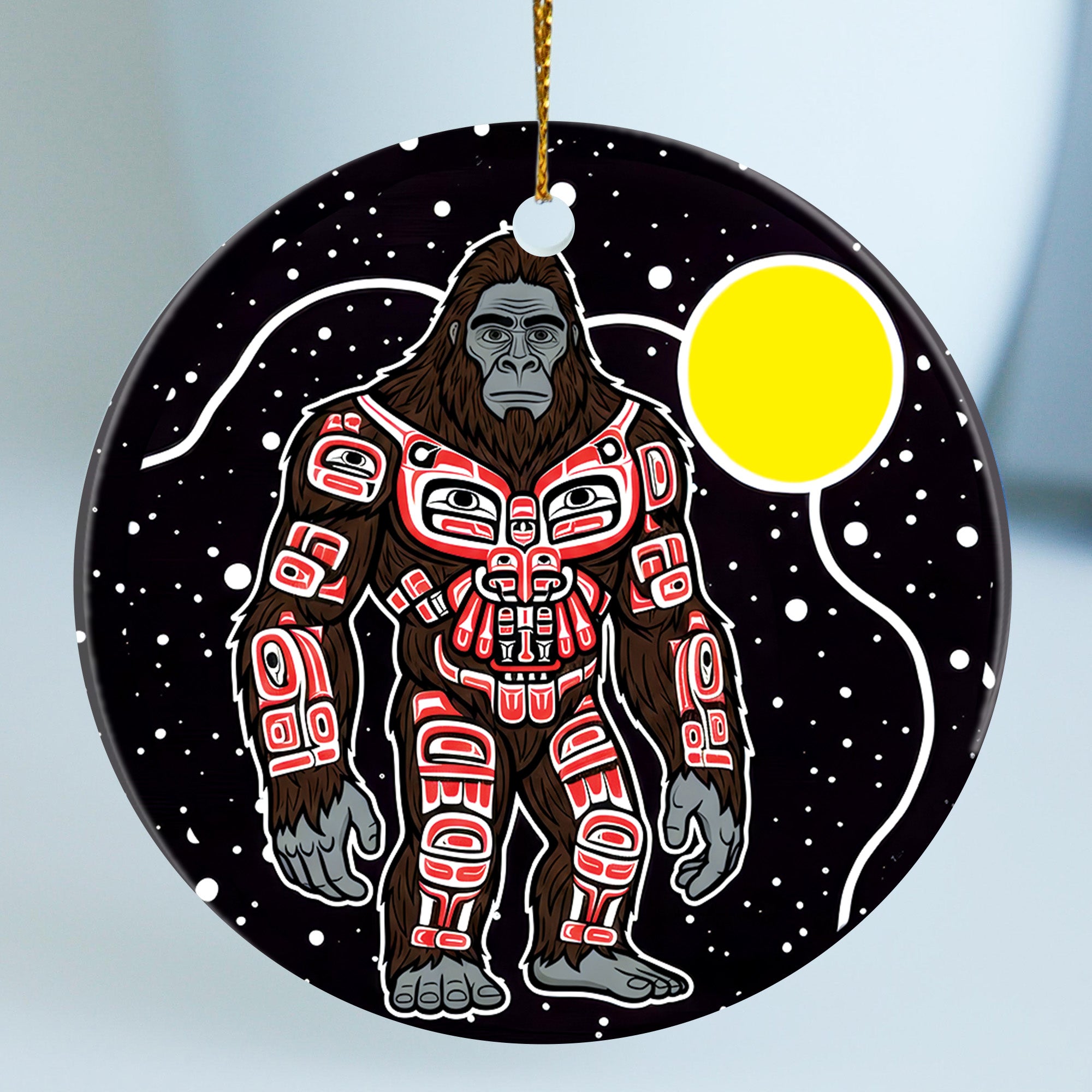Moonlit Bigfoot Spirit Ceramic Ornament – Indigenous Art Decor