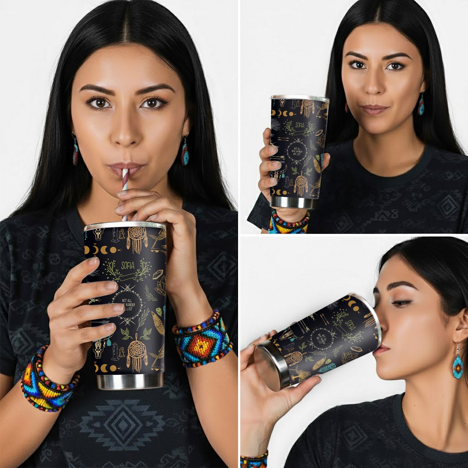 Boho Dreamcatcher Tumbler Stainless Steel Drinking Cup (Custom Name)