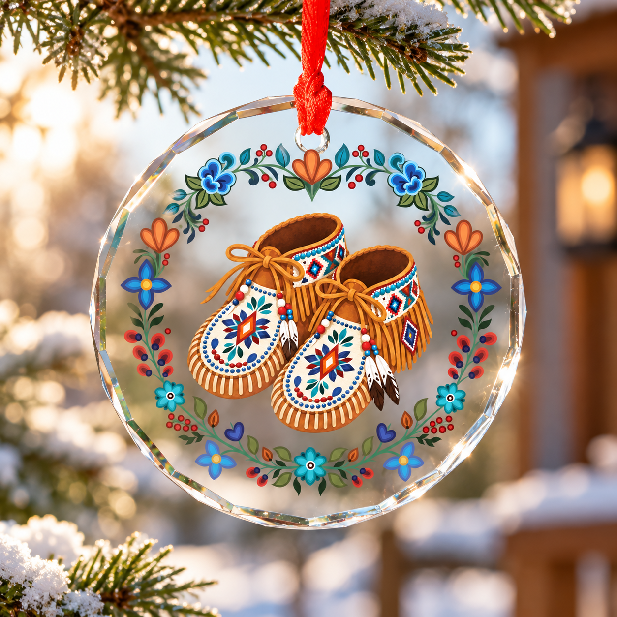 Native Floral Moccasins Glass Ornament – Indigenous Art Decor