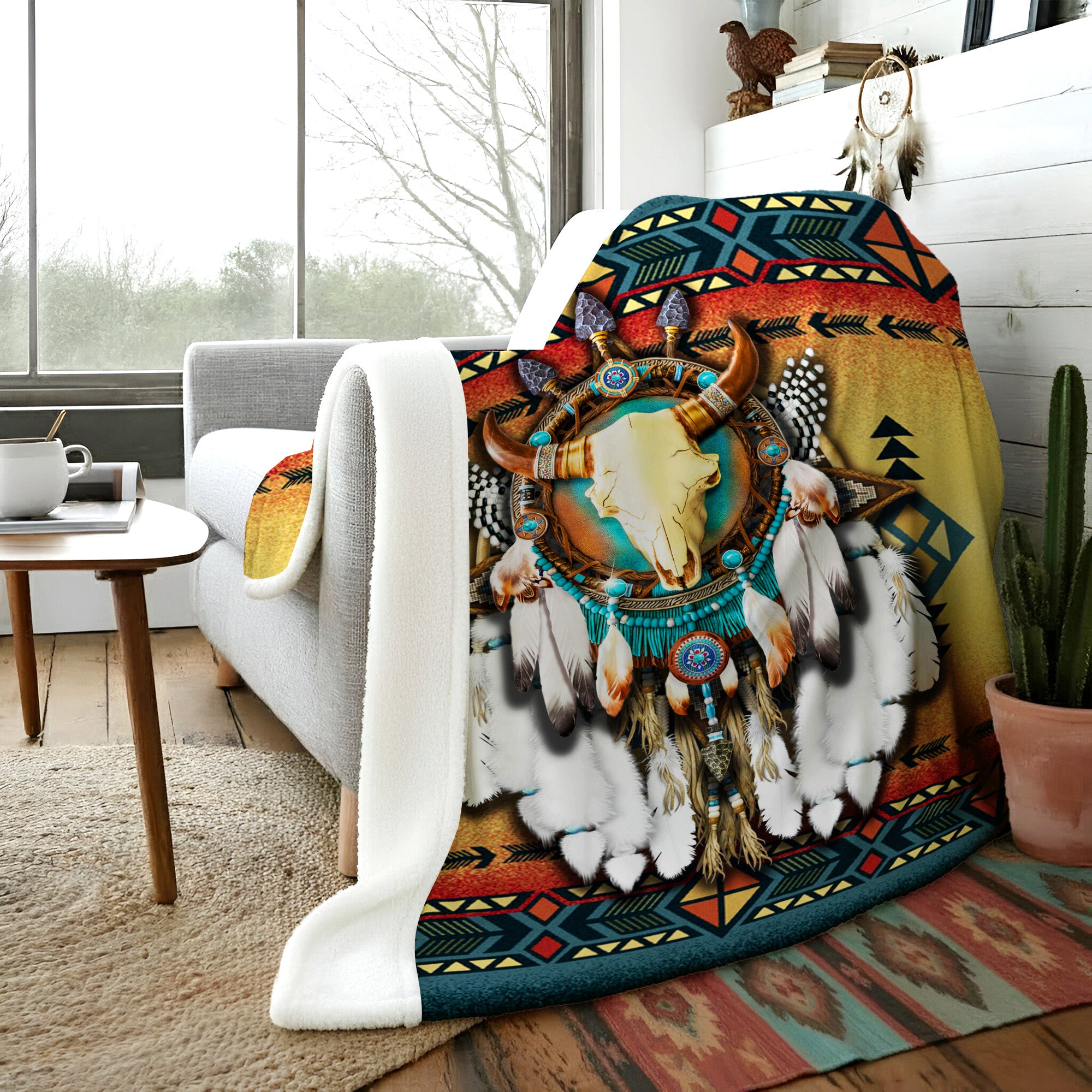 Native American Style Bull Patterns Soft and Warm Fleece Blanket