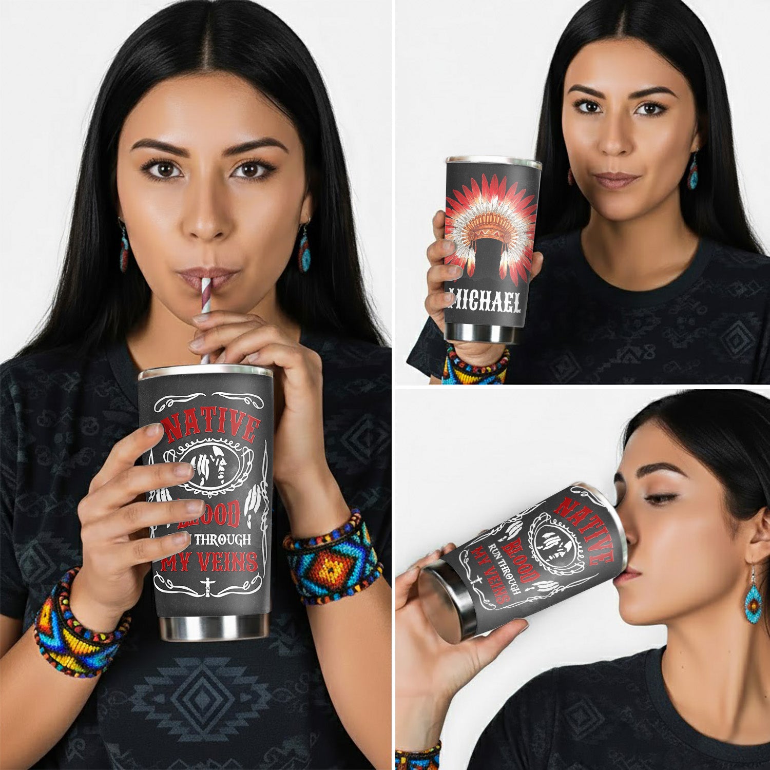 Native Blood Run Through My Veins Tumbler Stainless Steel Drinking Cup (Custom Name)