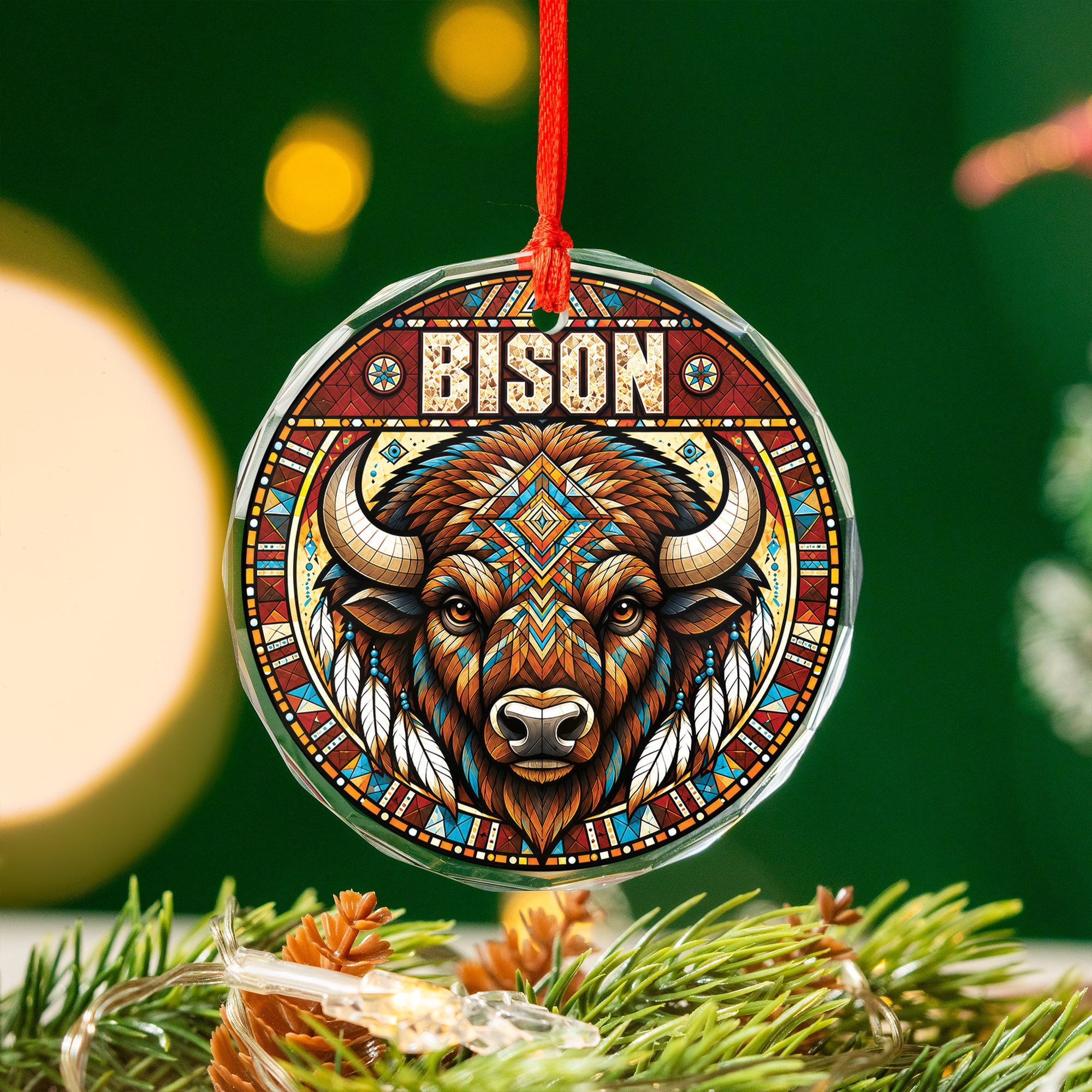 Buffalo Bison Spirit Native Tribal  Glass Ornament – Indigenous Art Decor