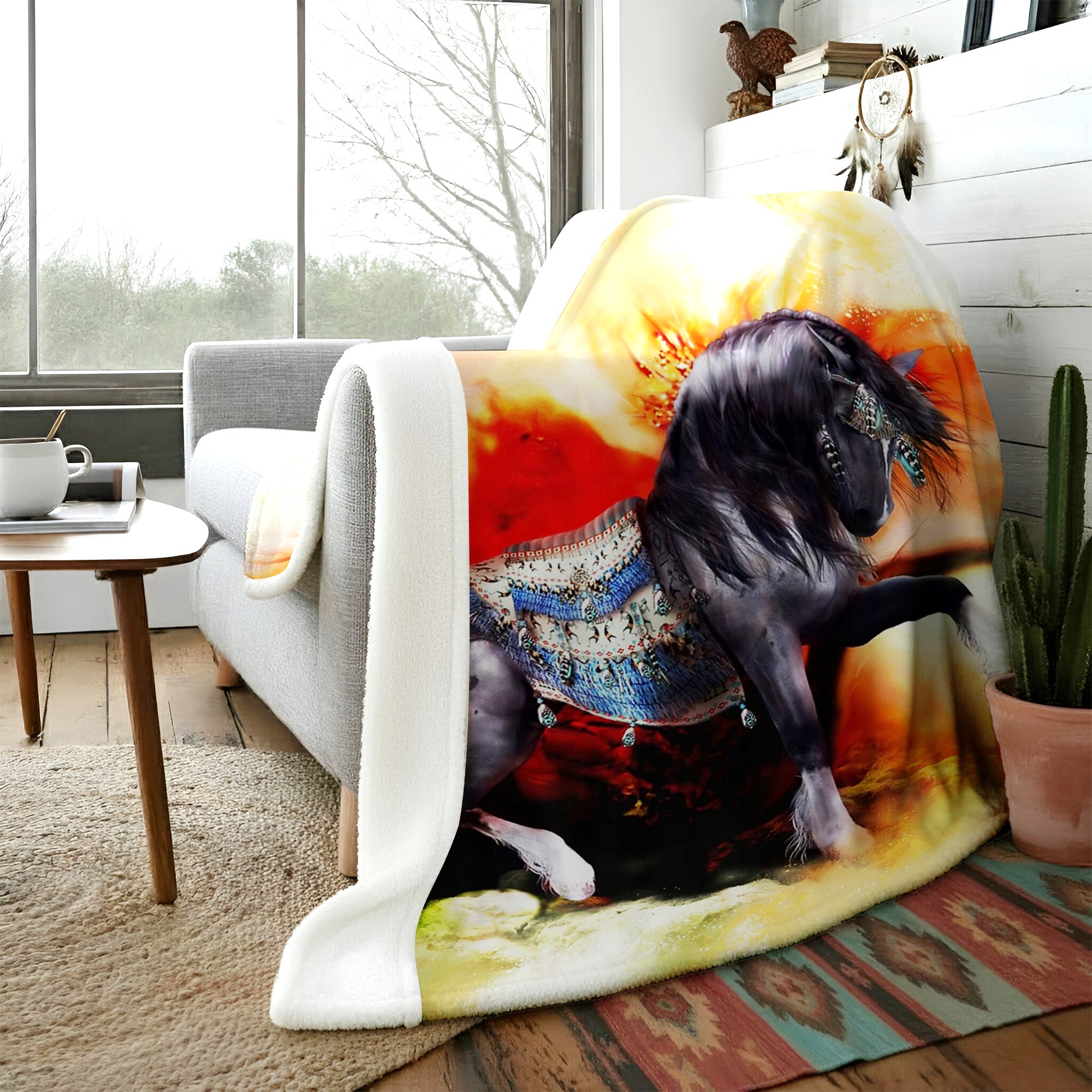 Native American Style Horse Soft And Warm Premium Fleece Blanket