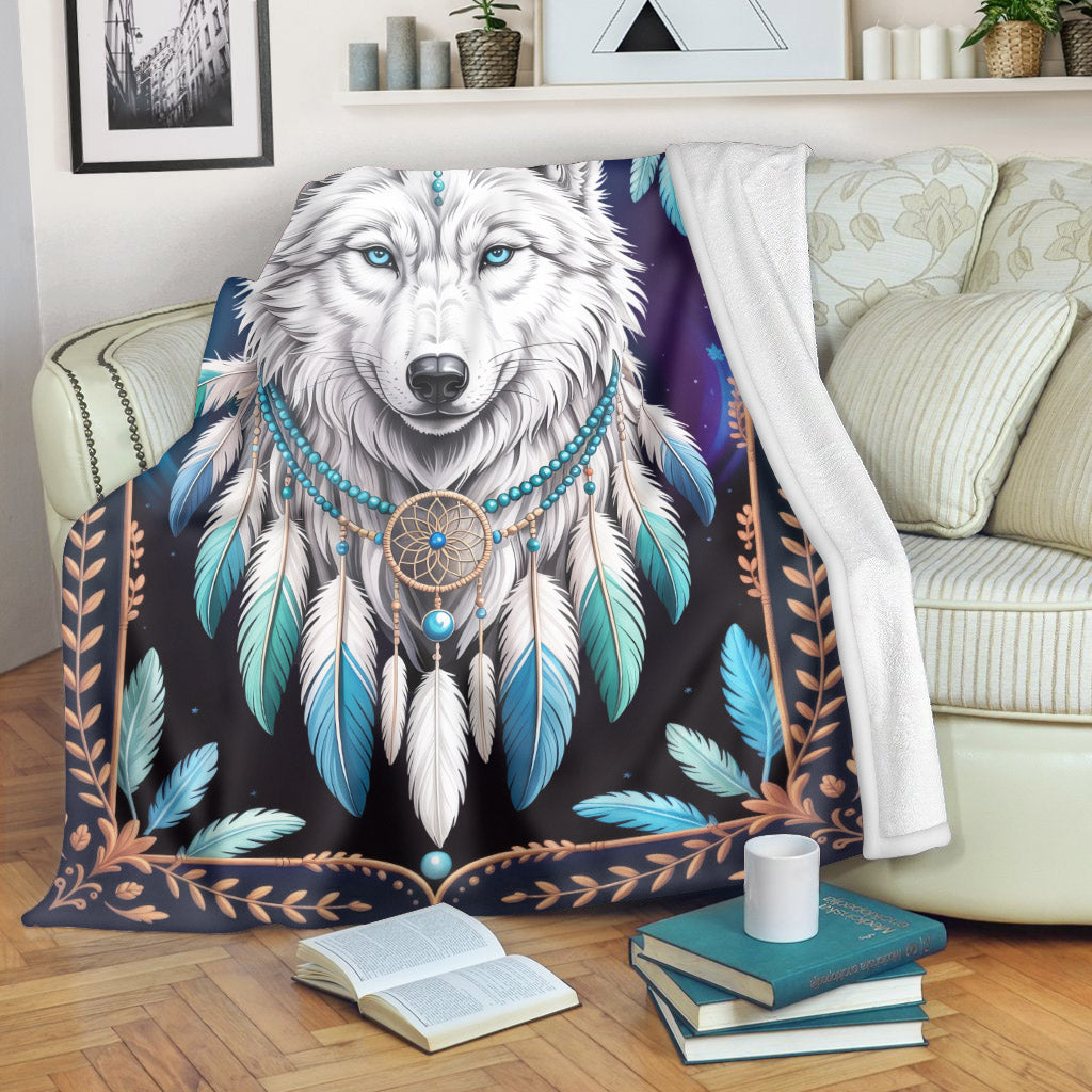 Sacred Wolf Dreamcatcher Blue, White, and Feather Spirit Cozy Fleece Blanket