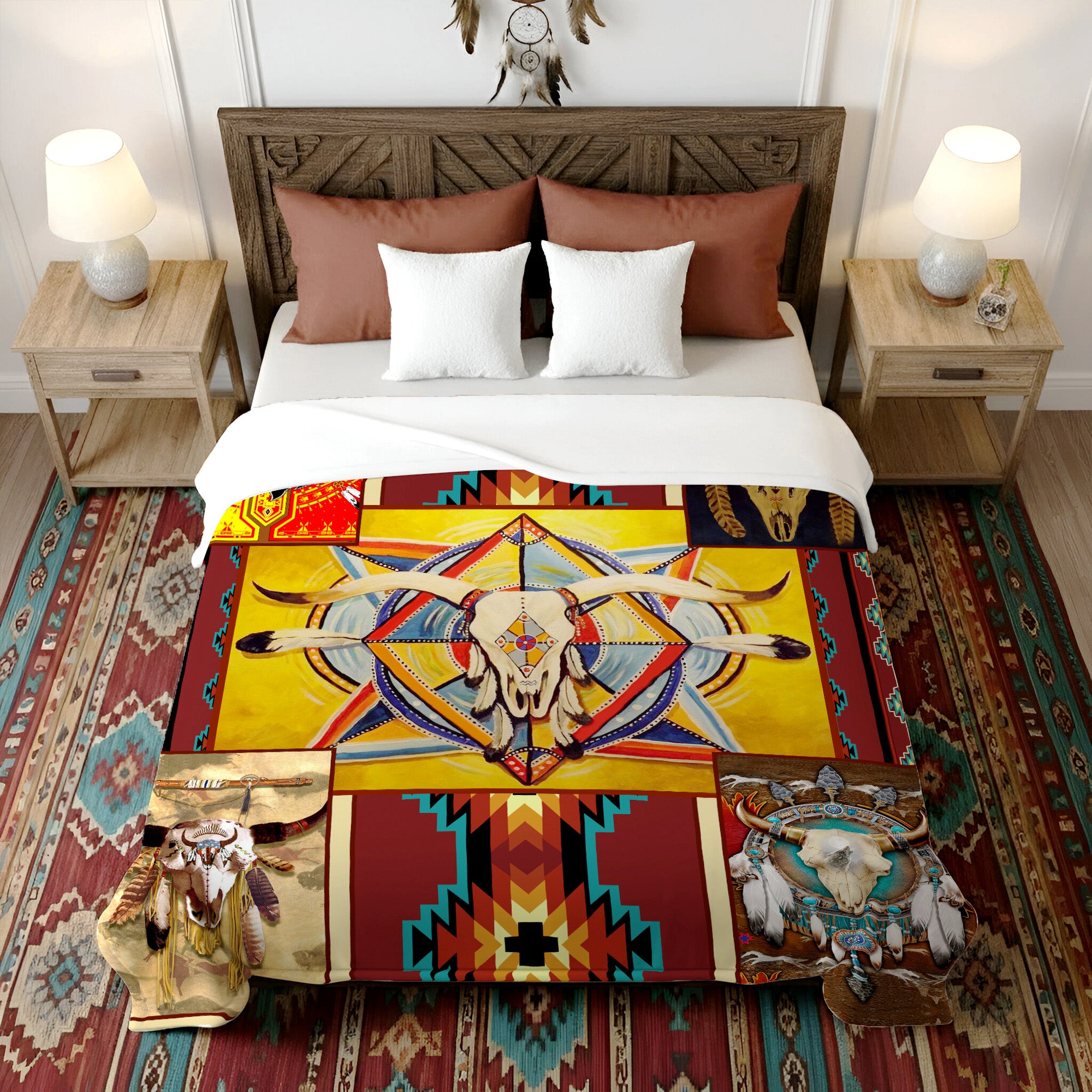 Native American Style Yellow Buffalo Symbols Soft and Warm Premium Fleece Blanket