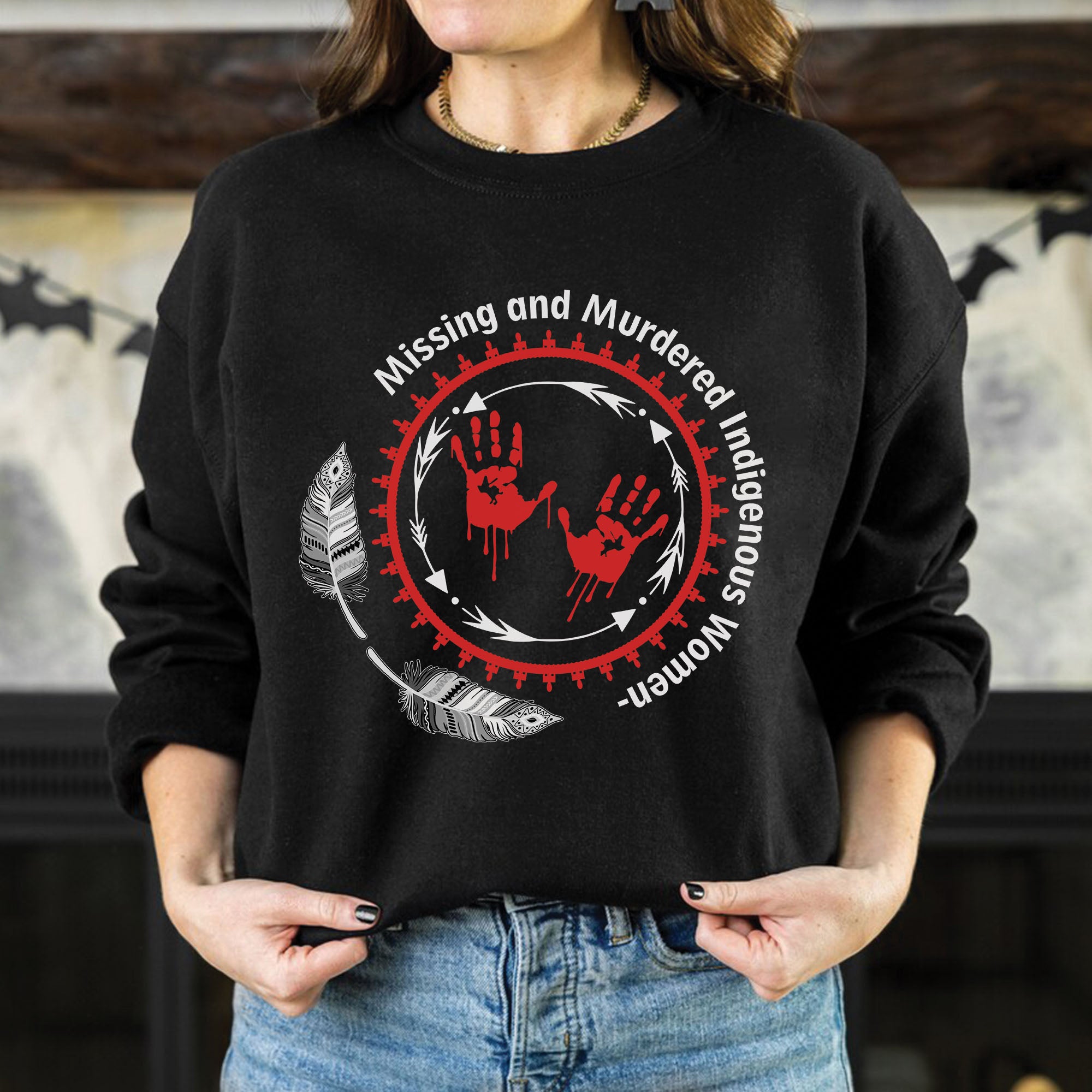 MMIW Awareness Honoring MMIW – Red Tee with Handprint & Sacred Feather Unisex T-shirt/T-shirt V-Neck/Hoodie/Sweatshirt