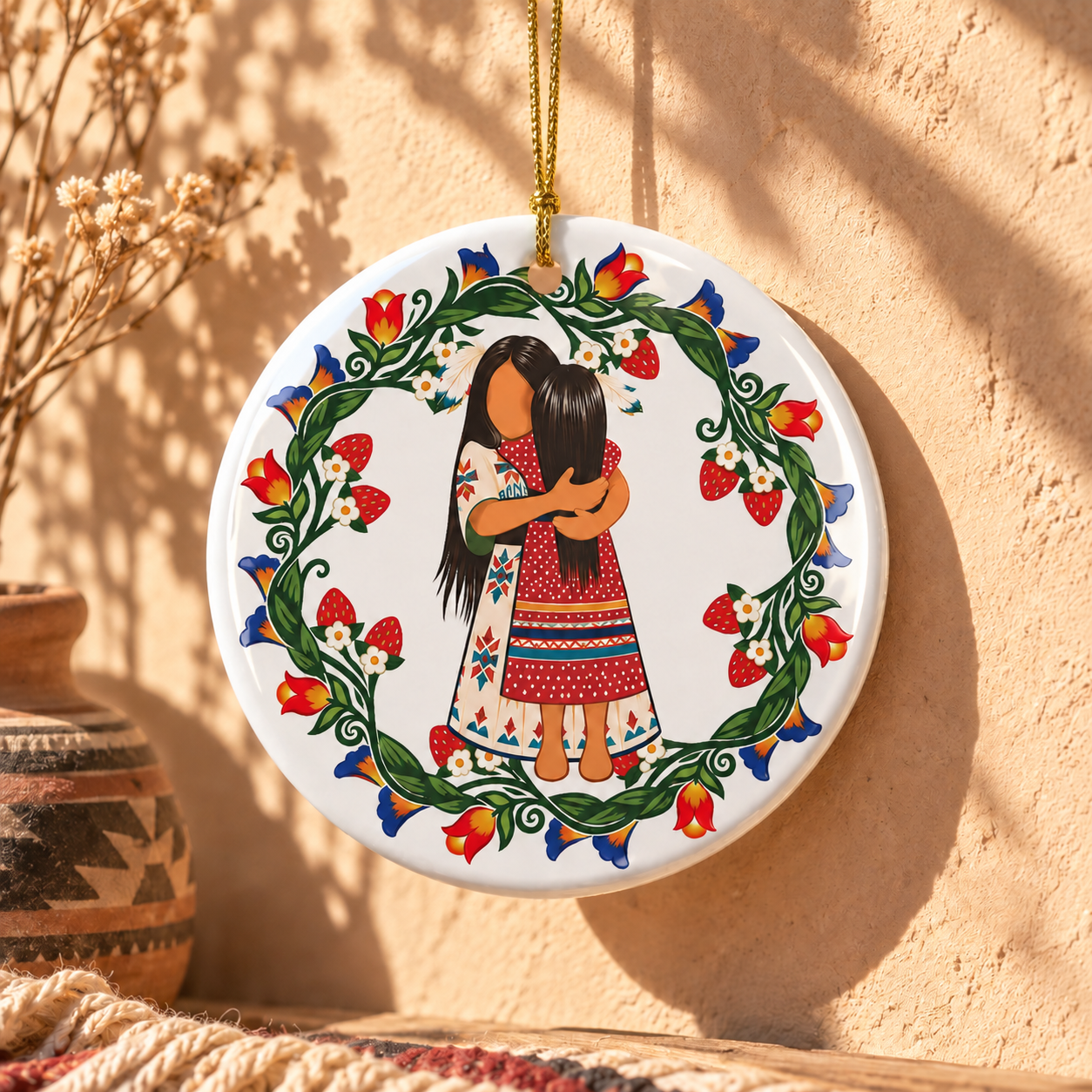 Native Mother Daughter Hug Ceramic Ornament - Indigenous Art Decor