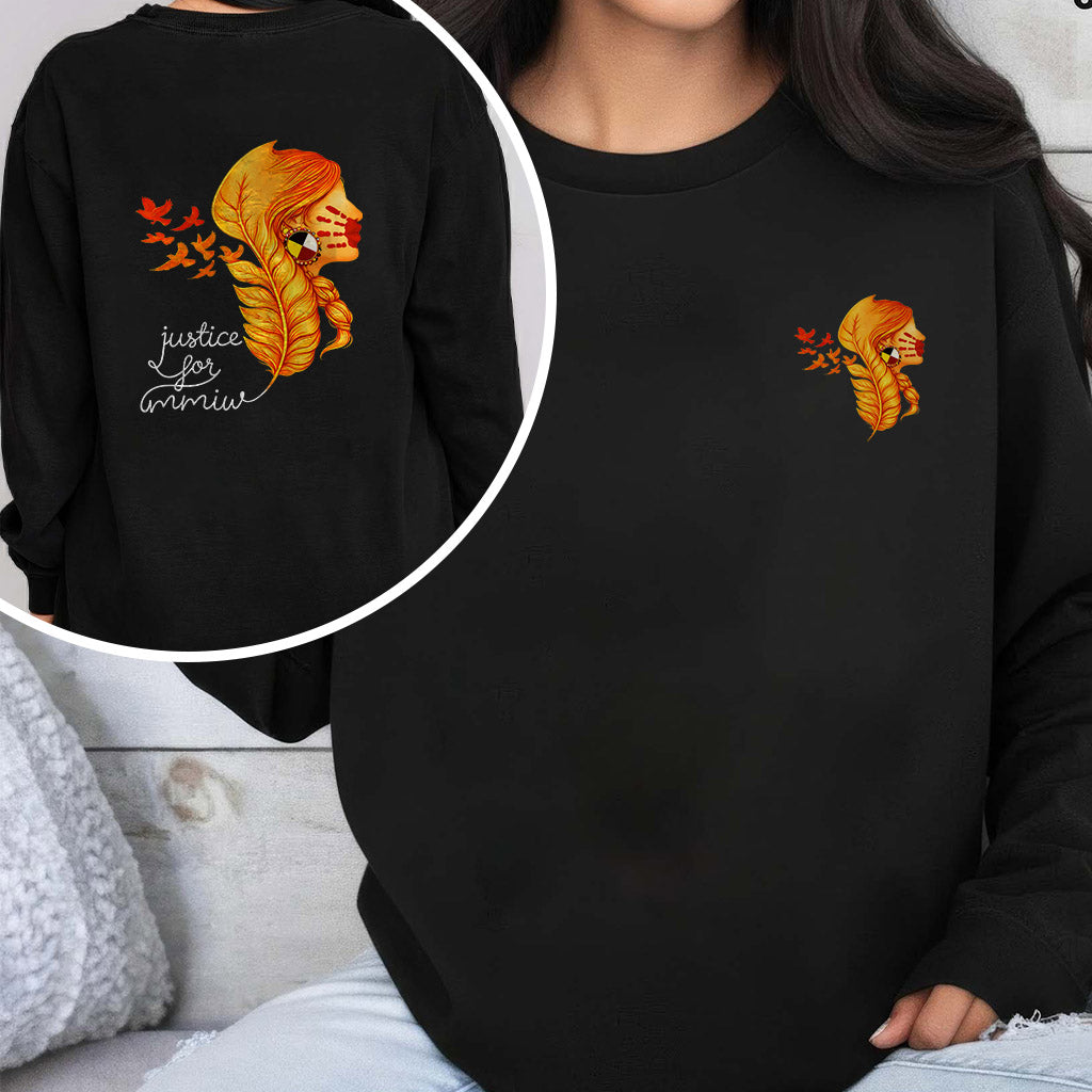 [Two Sides] Justice for MMIW Hoodie - Indigenous Woman with Feather Design Unisex Tank Top/Long Sleeve/Hoodie Zip