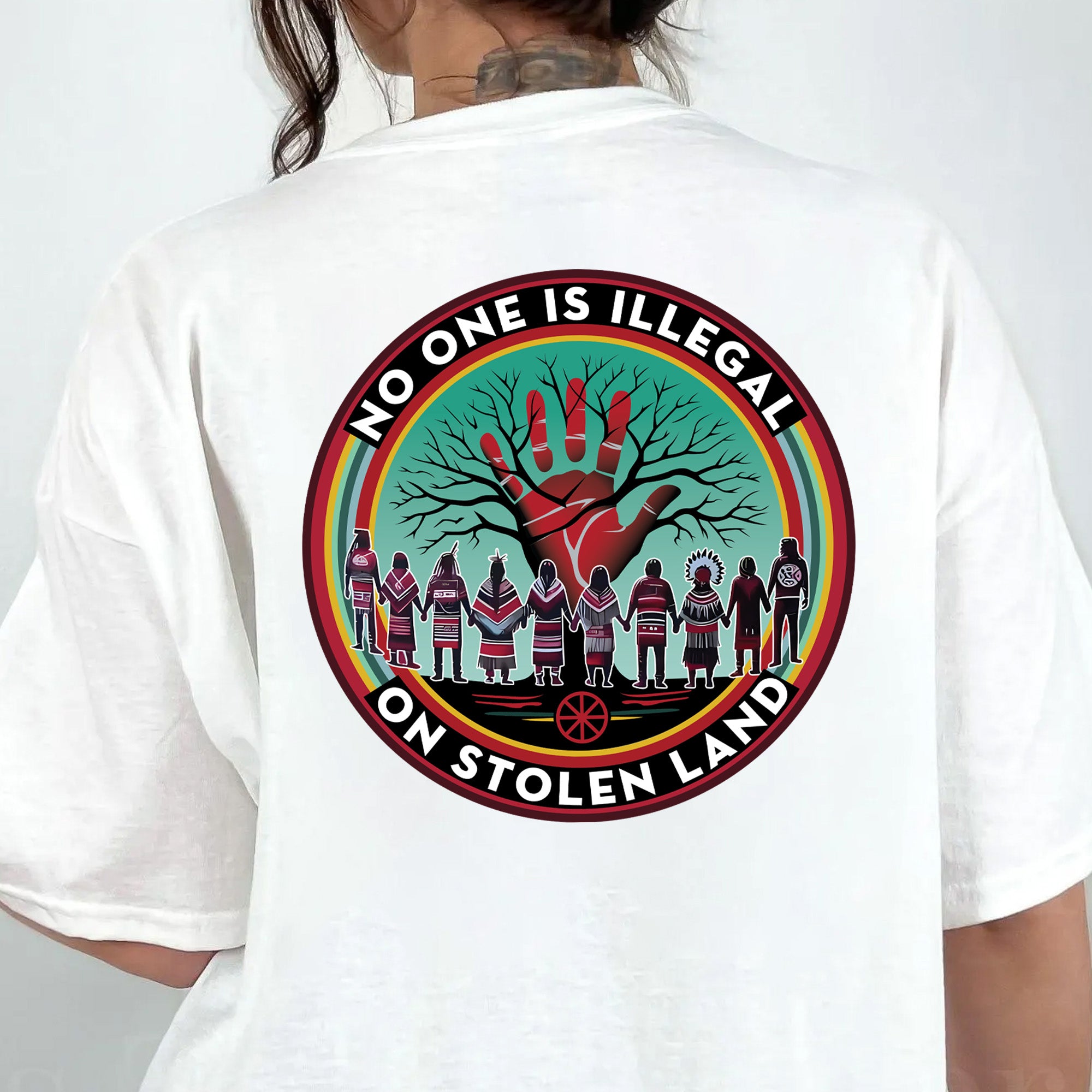 [Two Sides] No One Is Illegal On Stolen Land. We Walk On Native Land - Two Sides Unisex T-Shirt/T-Shirt V-Neck/Hoodie/Sweatshirt N27