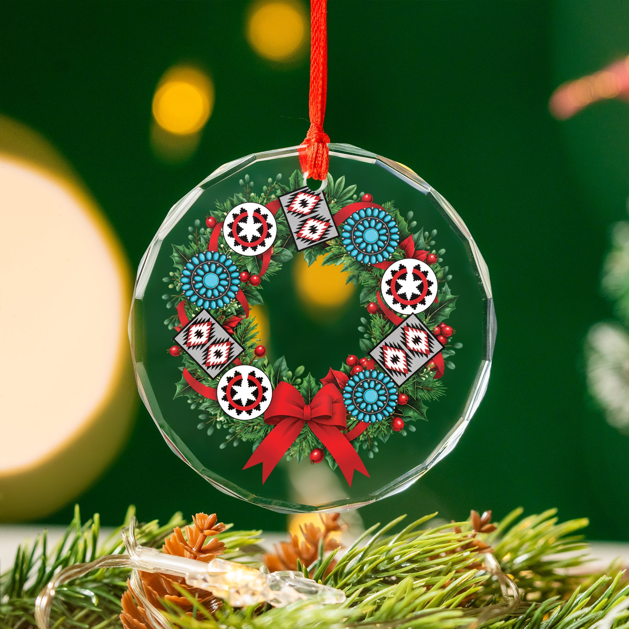 Wreath Christmas Native Tribal Glass Ornament – Indigenous Art Decor