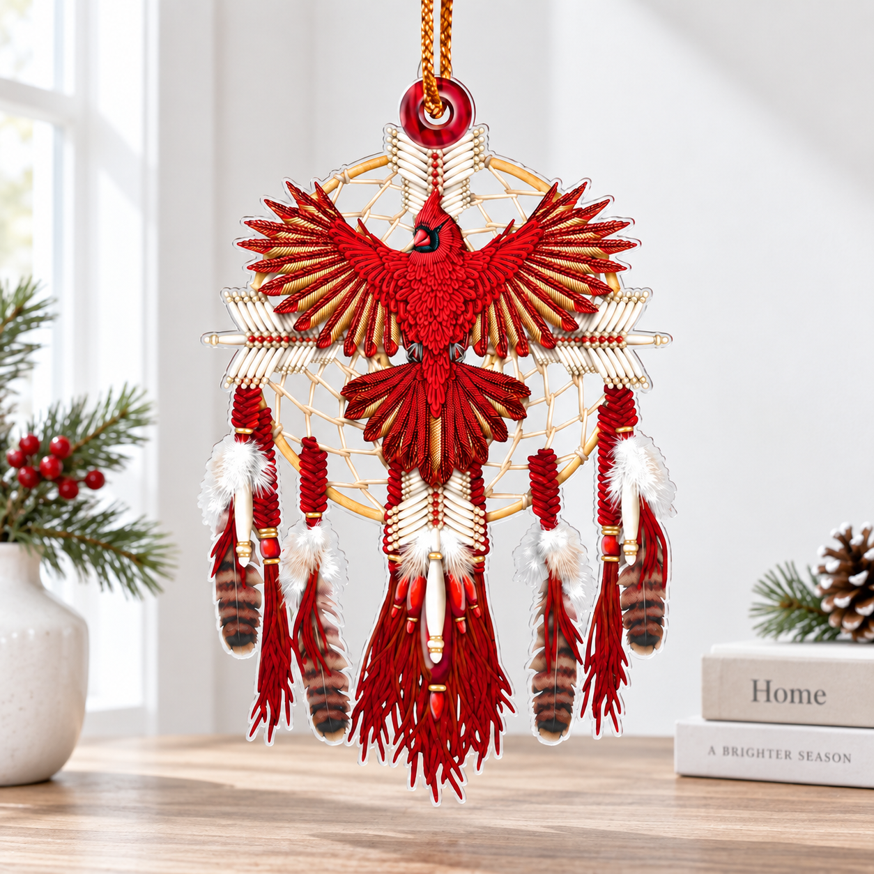 Sacred Red Cardinal Dreamcatcher Ornament Unique Gift Decor Flat Acrylic