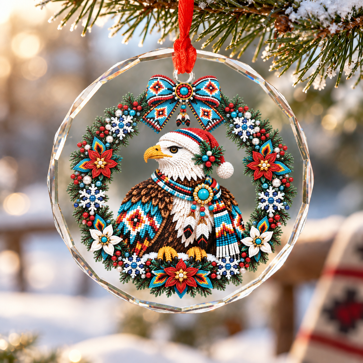 Native Beaded Eagle Santa Glass Ornament – Indigenous Art Decor