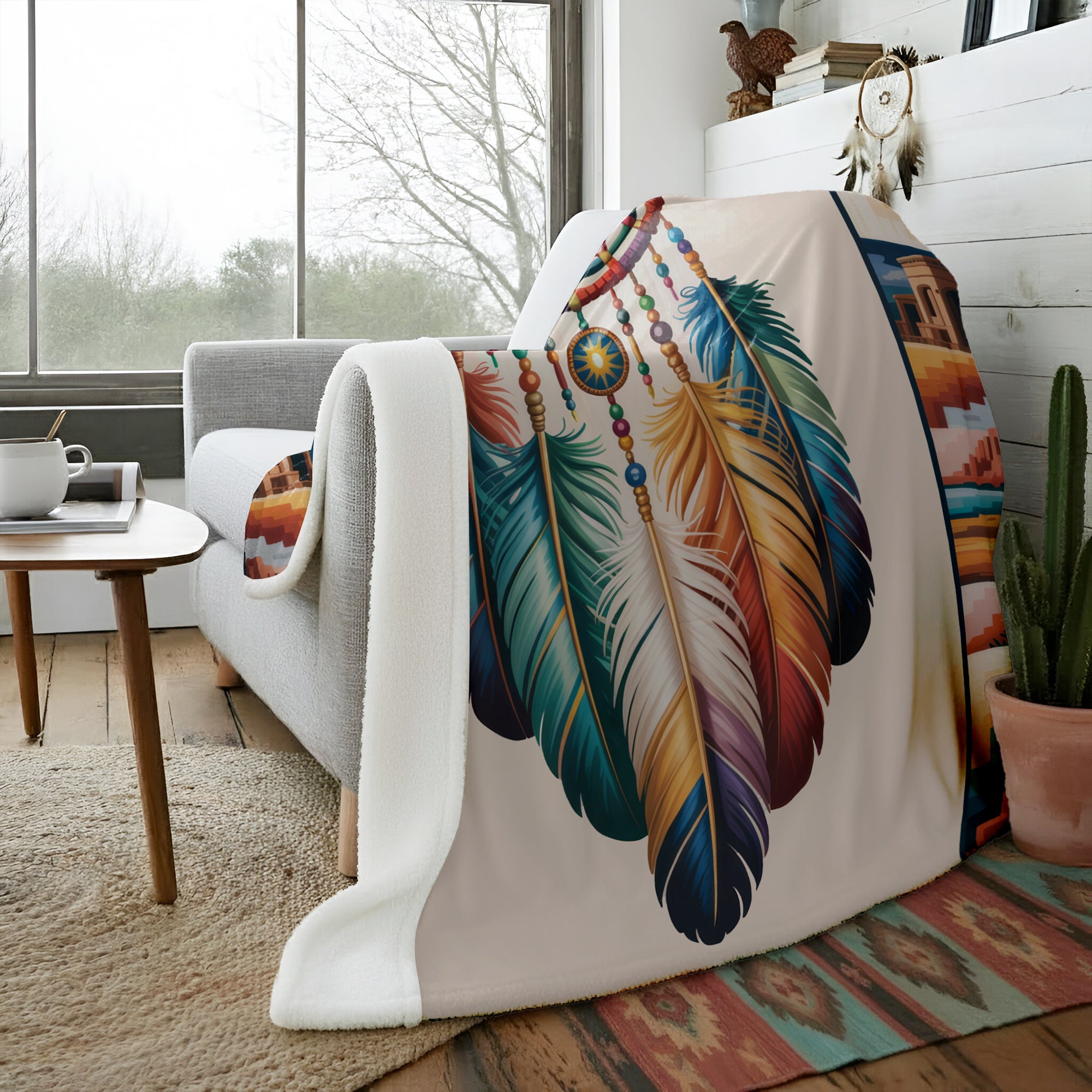 "The Dream Weaver" Boho Feather Native American Cozy Fleece Blanket