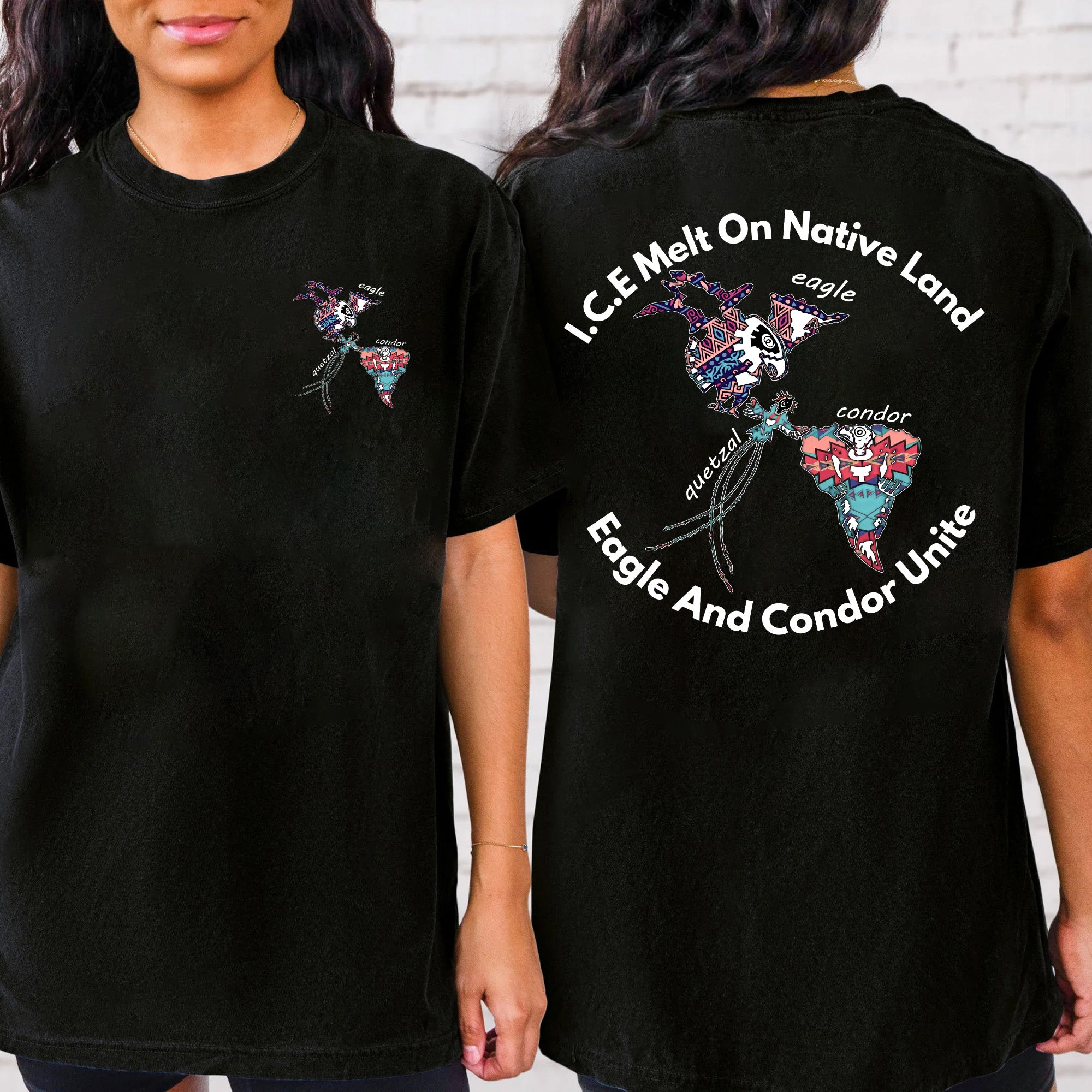 ICE Melt On Native Land – Eagle and Condor Unite Indigenous Solidarity Unisex T-shirt/T-shirt V-Neck/Hoodie/Sweatshirt - Two Sides