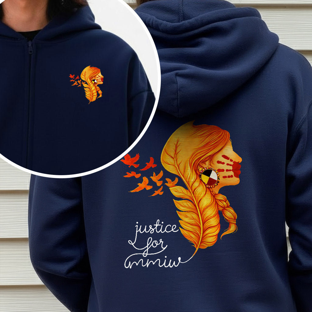 [Two Sides] Justice for MMIW Hoodie - Indigenous Woman with Feather Design Unisex Tank Top/Long Sleeve/Hoodie Zip