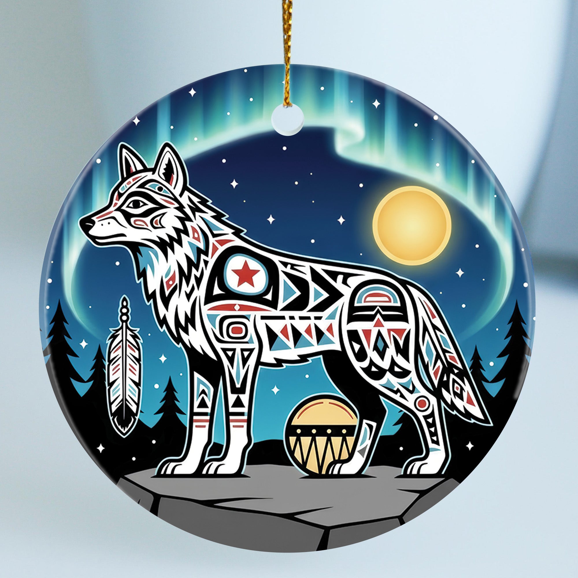 Northern Spirit Wolf Ceramic Ornament – Indigenous Art Decor