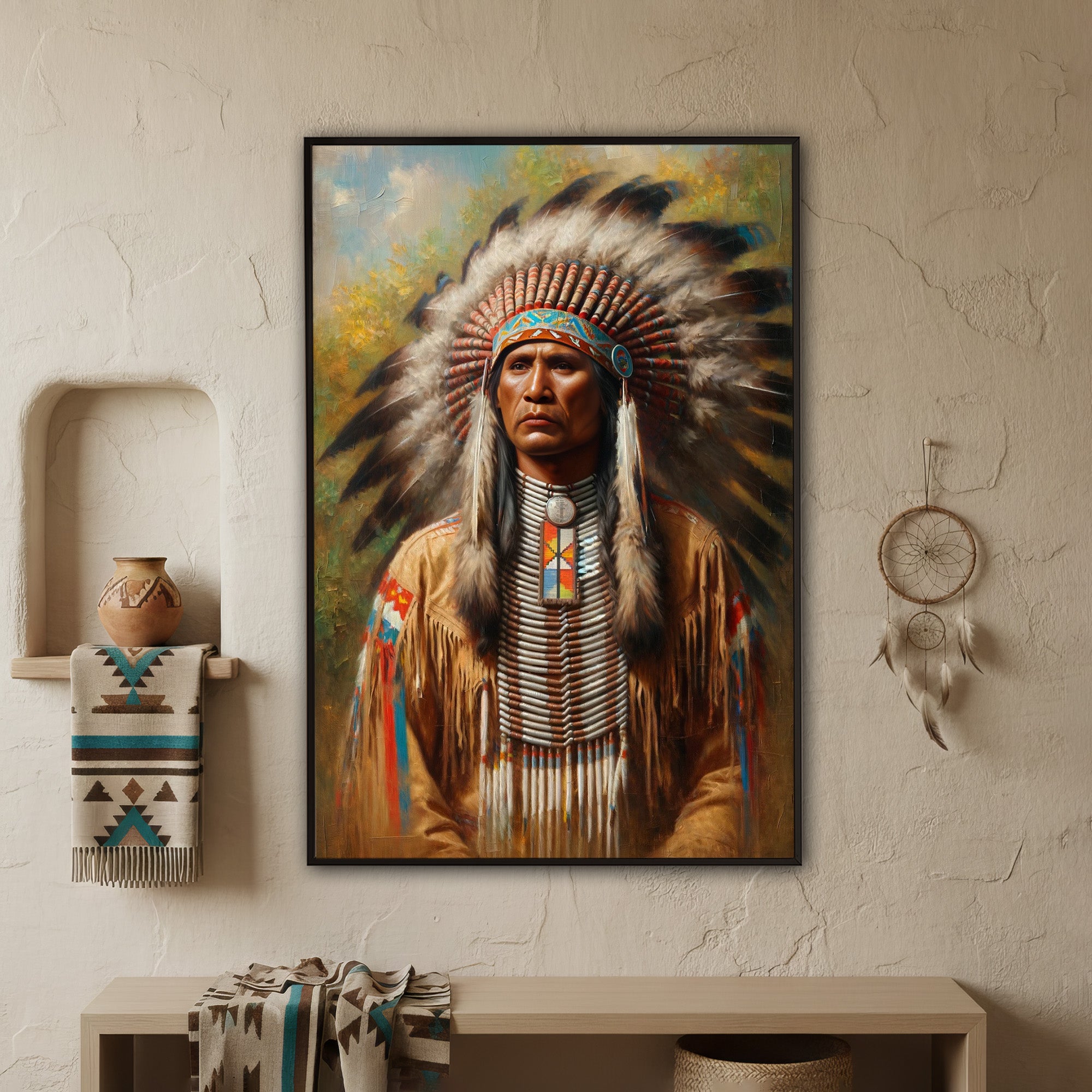 Custom Native American Chief Portrait Photo Canvas Art Gift Home Decor