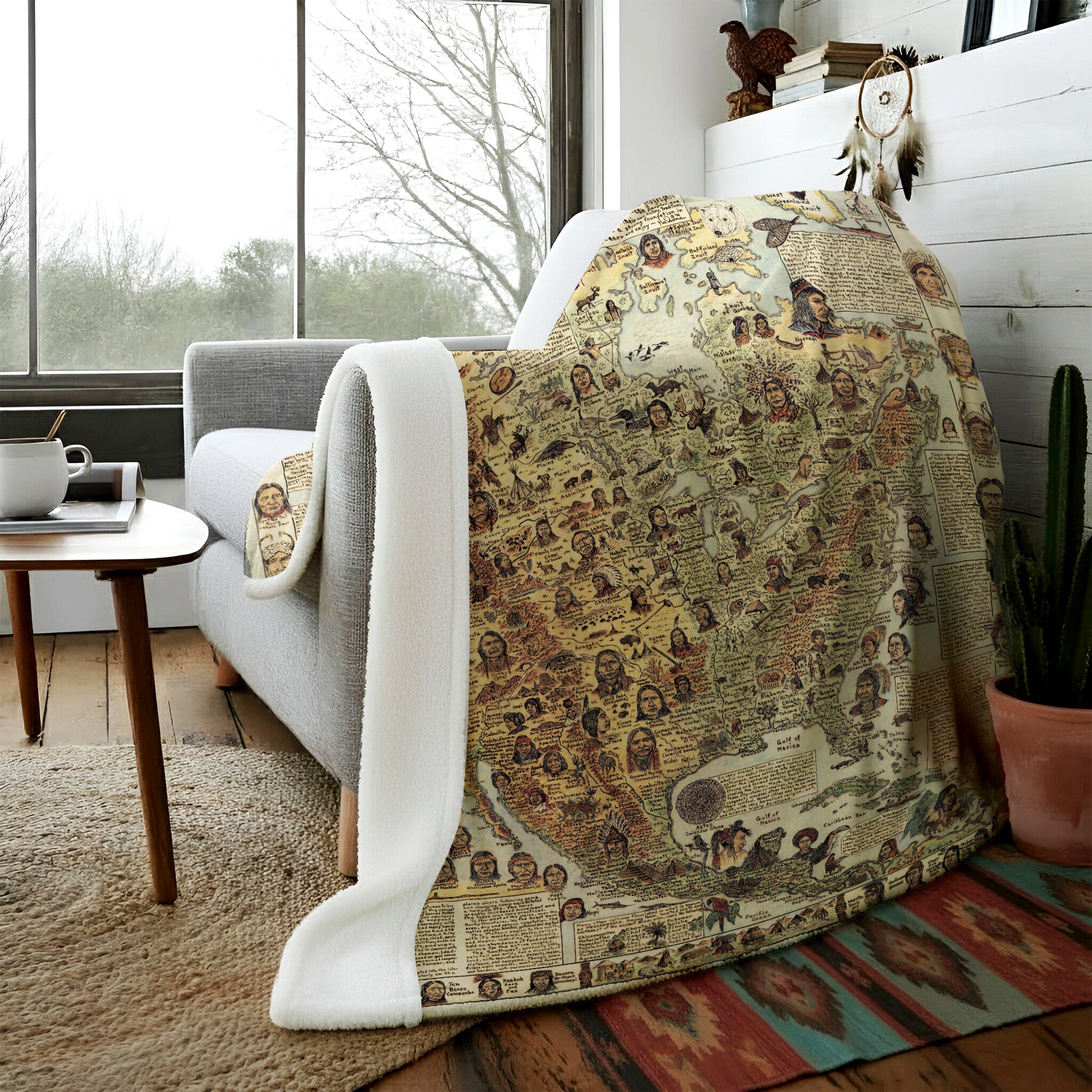 562 Native Tribes of North America Map Fleece Blanket, Native Design Camping Blanket Soft and Warm