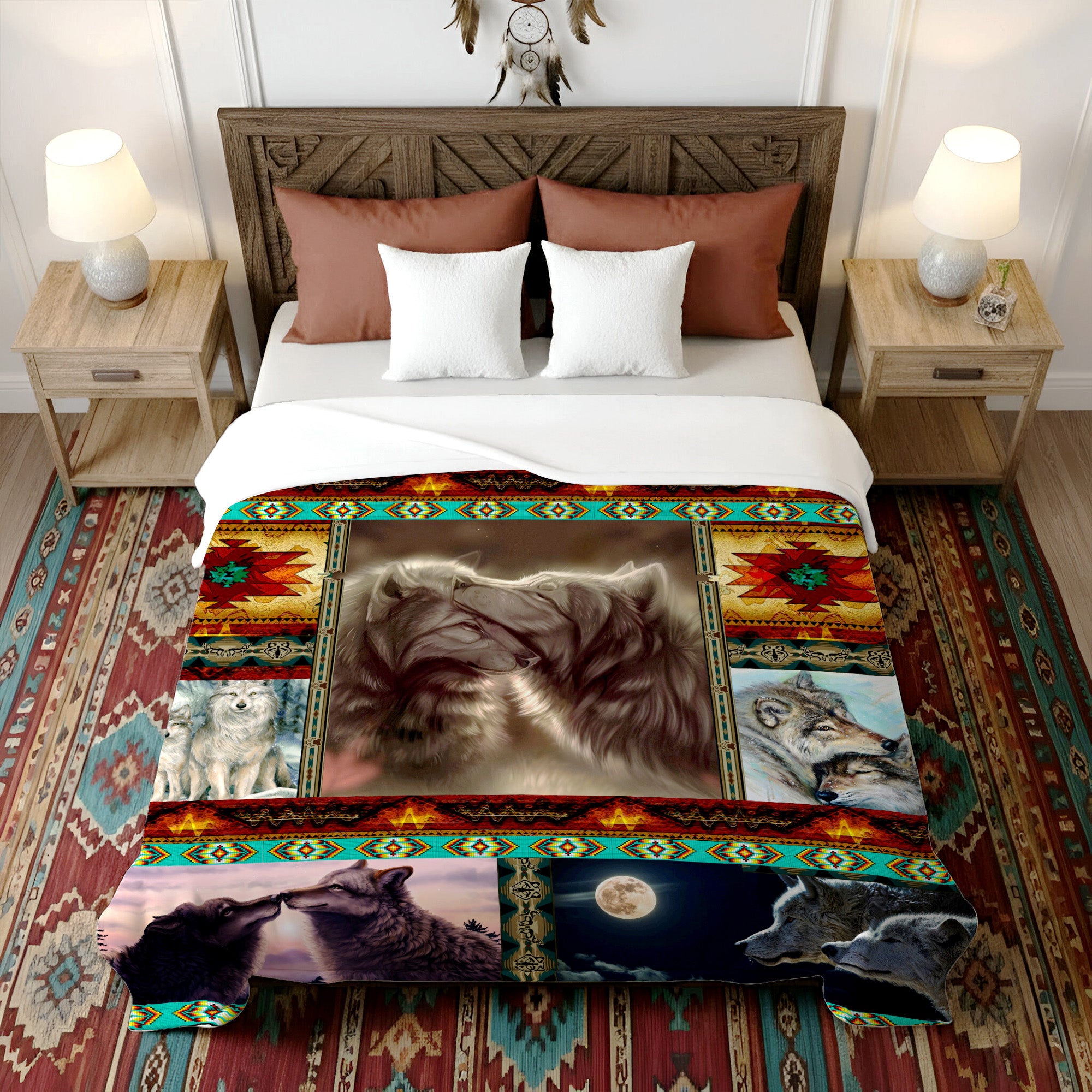 Native American Wolf Flock Fleece Blanket Soft and Warm Premium Fleece Blanket