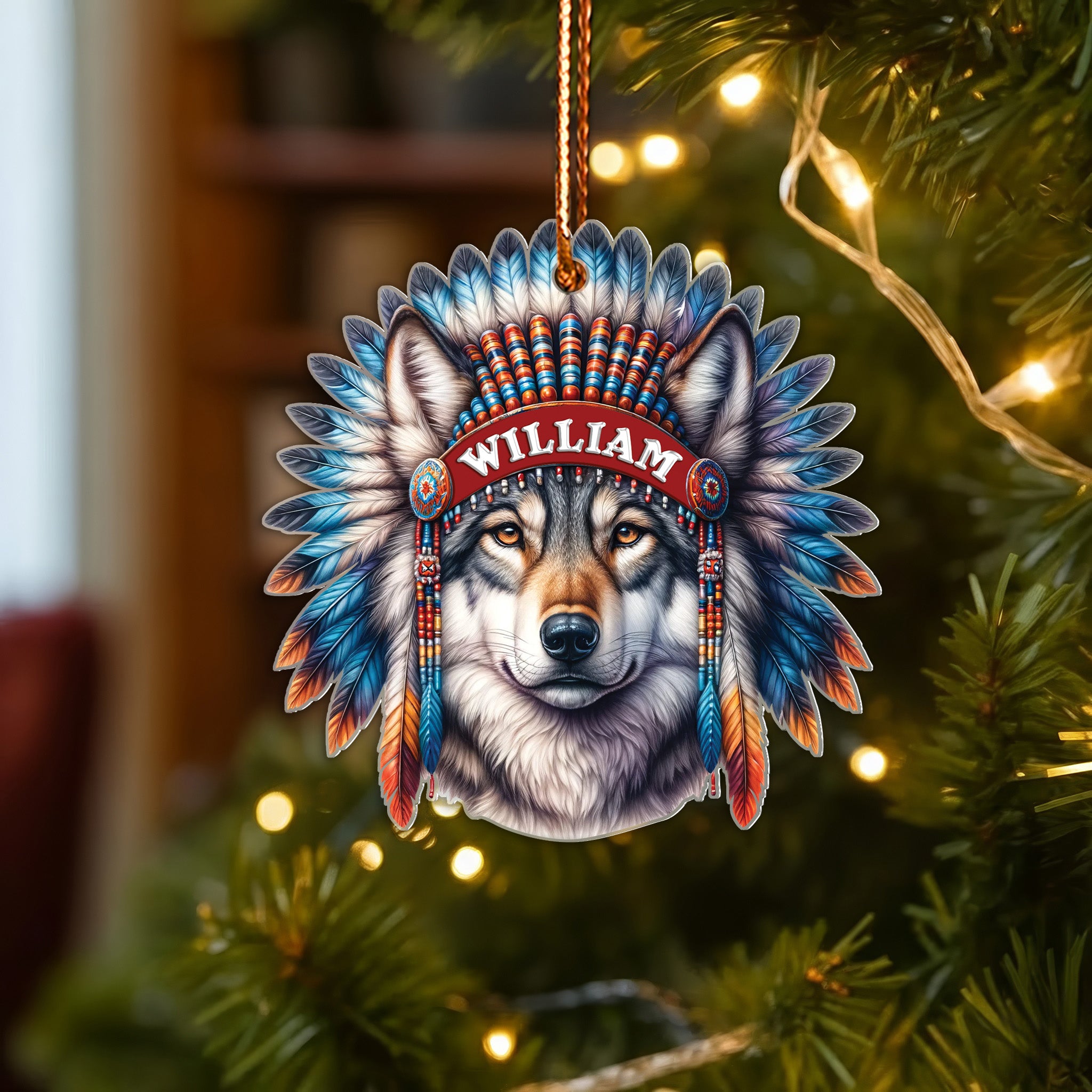 Wolf Spirit Feather Ornament Native American Unique Christmas Gift Decor Flat Acrylic (Custom Name)