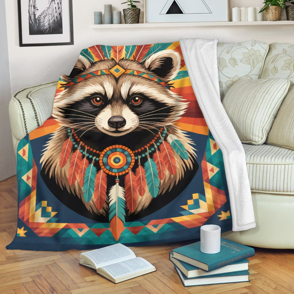 Colorful Feathered Raccoon Native American Cozy Fleece Blanket