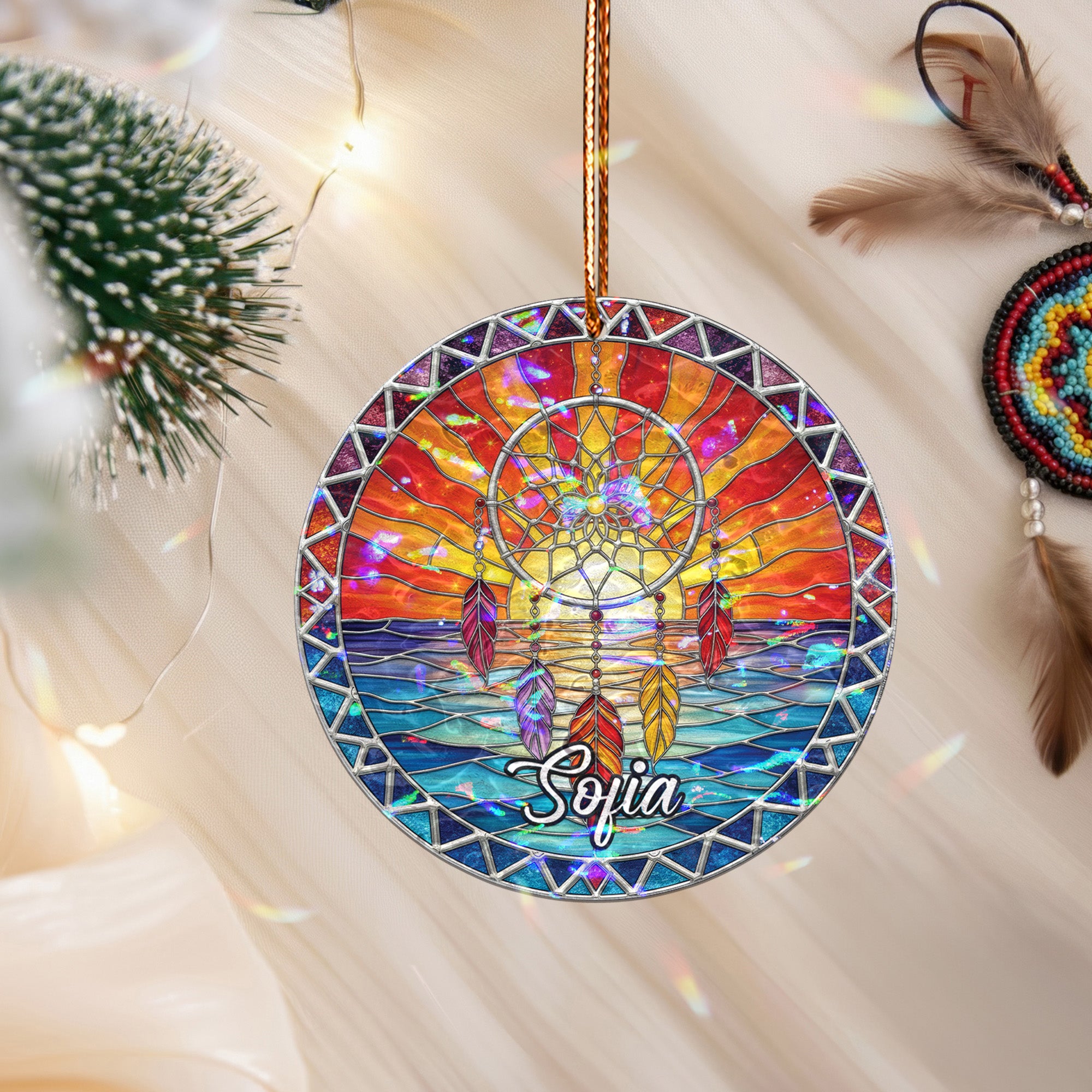 Sunset Waves Dreamcatcher Acrylic Suncatcher Ornament Unique Christmas Gift Decor (Custom Name)