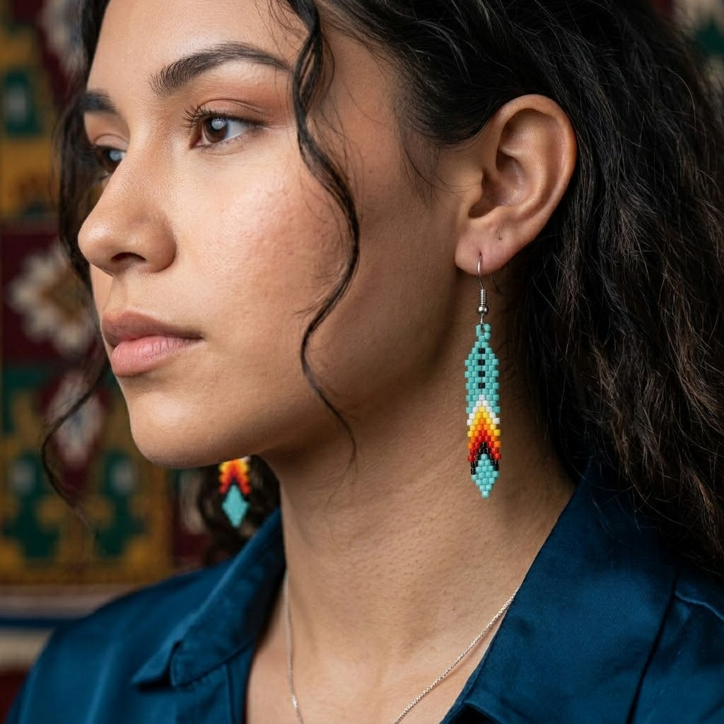 Native American Turquoise Beaded Feather Earrings – Handmade Seed Bead Jewelry