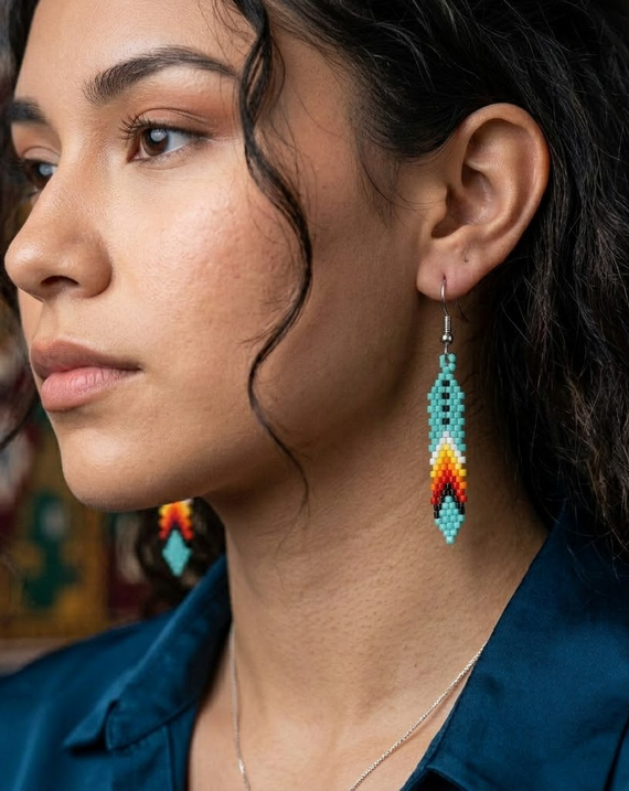 Native American Turquoise Beaded Feather Earrings – Handmade Seed Bead Jewelry
