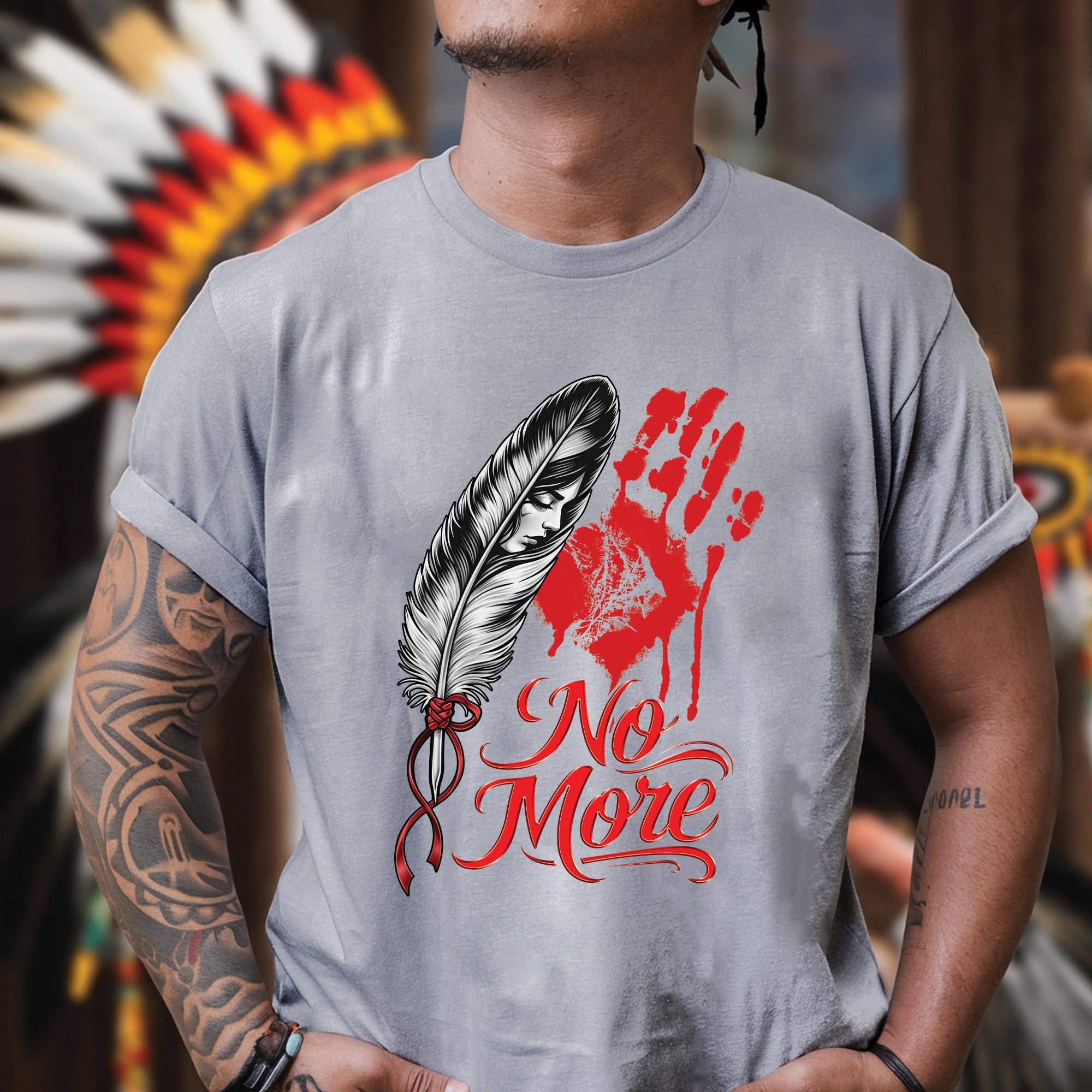 No More MMIW Awareness - Native American Feather & Handprint Design Unisex T-shirt/T-shirt V-Neck/Hoodie/Sweatshirt