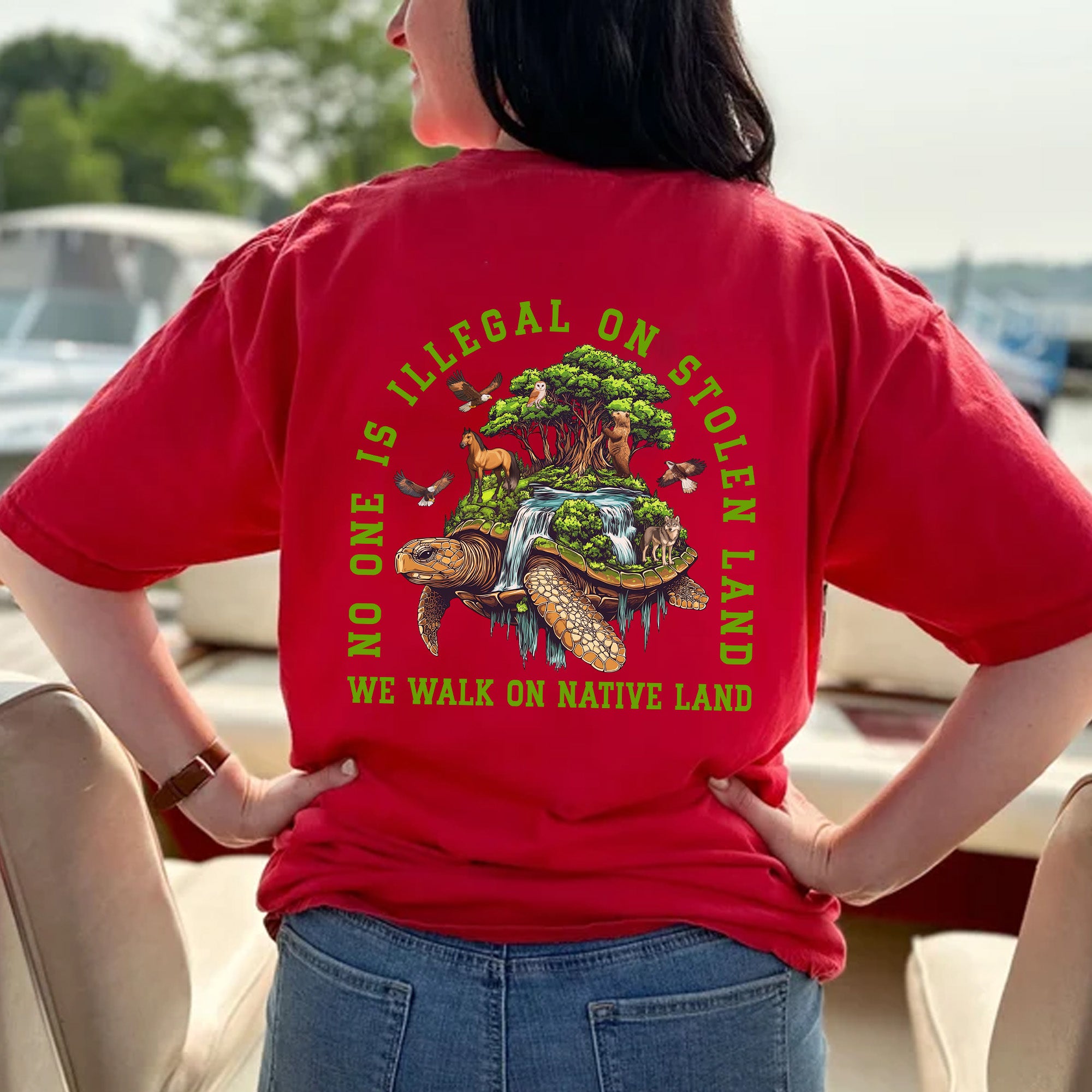 [Two Sides] No One Is Illegal On Stolen Land. We Walk On Native Land Style 4 - Two Sides Unisex T-Shirt/T-Shirt V-Neck/Hoodie/Sweatshirt