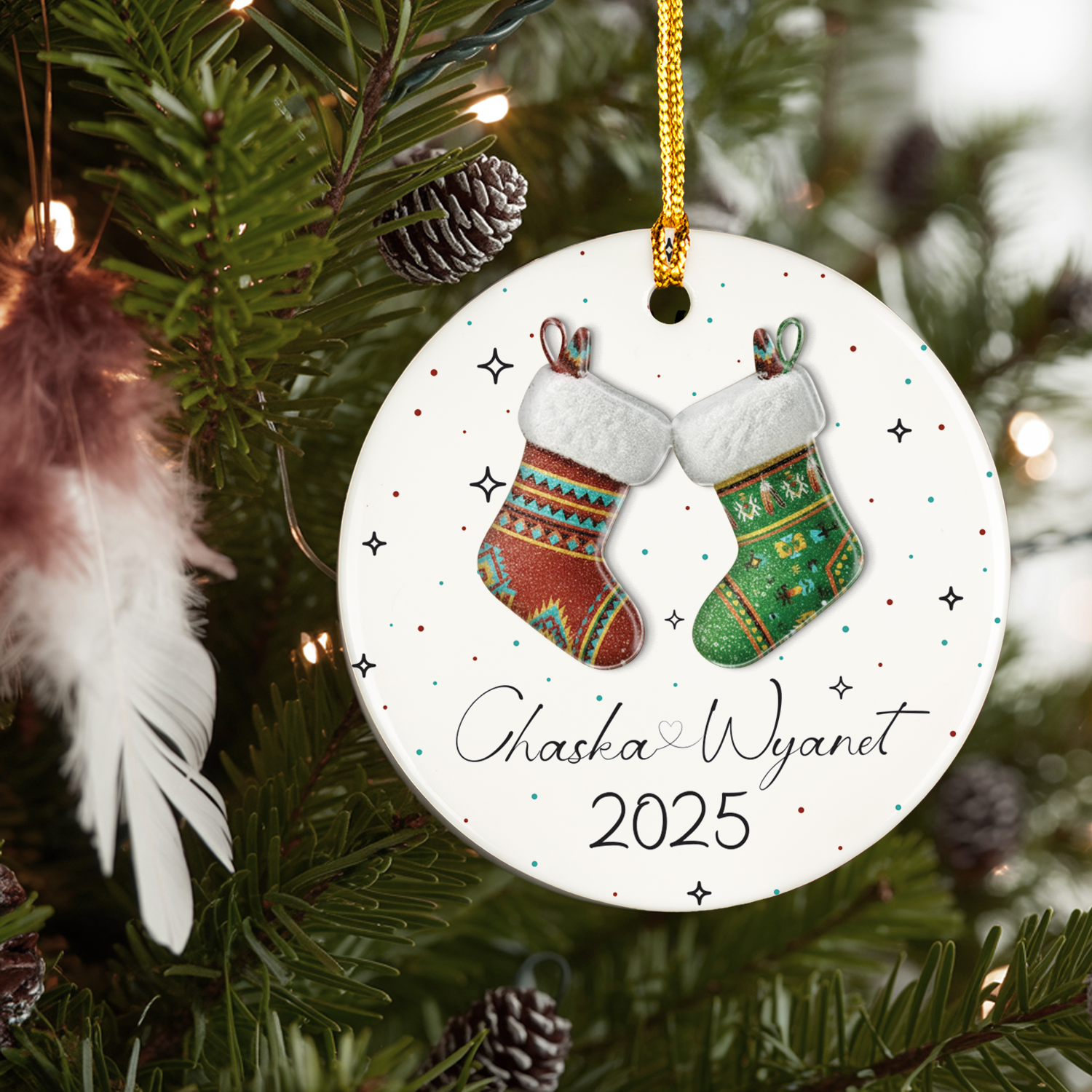 Couples Stocking Ceramic & Acrylic Round Ornament Native-Inspired Holiday Decor (Custom Name)