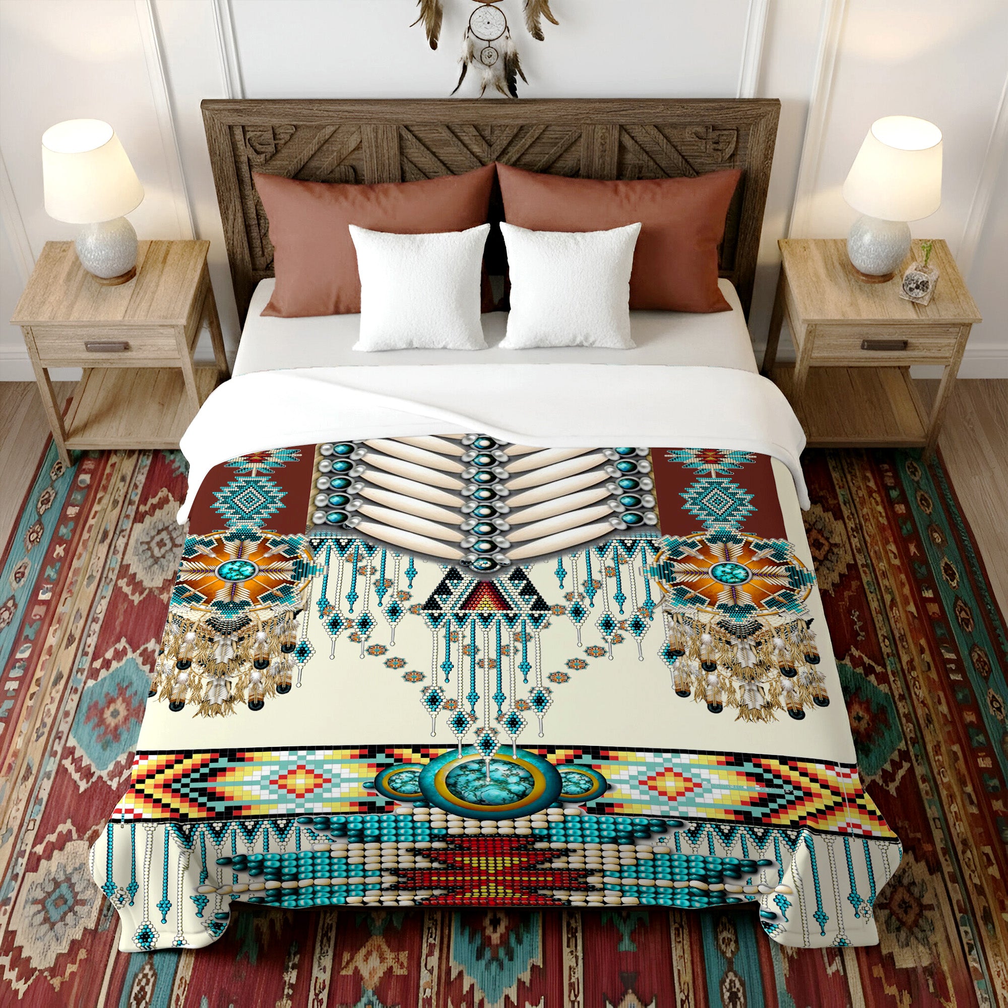 Turiquoise Native Indian Pattern Feather Soft and Warm Premium Fleece Blanket