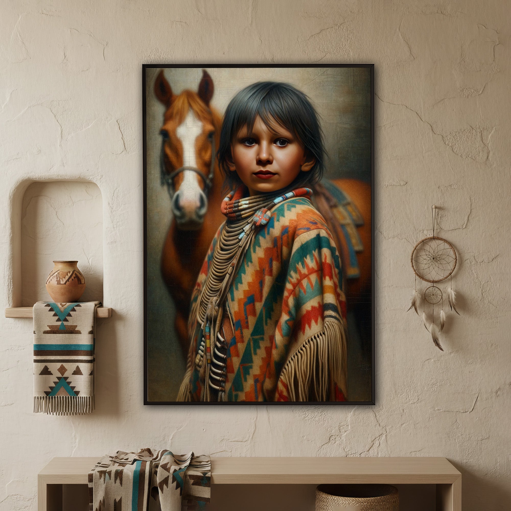 Custom Native American Child and The Horse Portrait Photo Canvas Art Gift Home Decor
