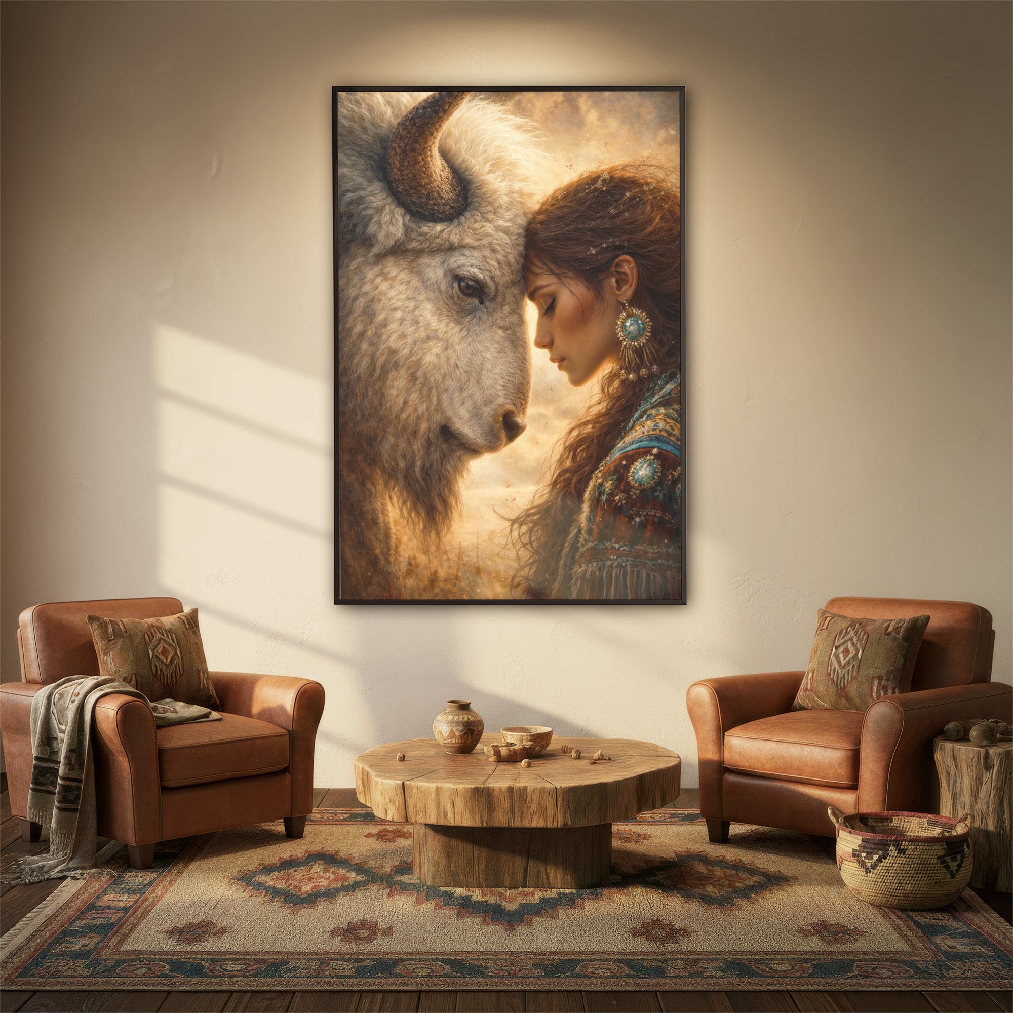 Sacred Bond of Indigenous Woman and Bison – Native American Art Poster/Canvas
