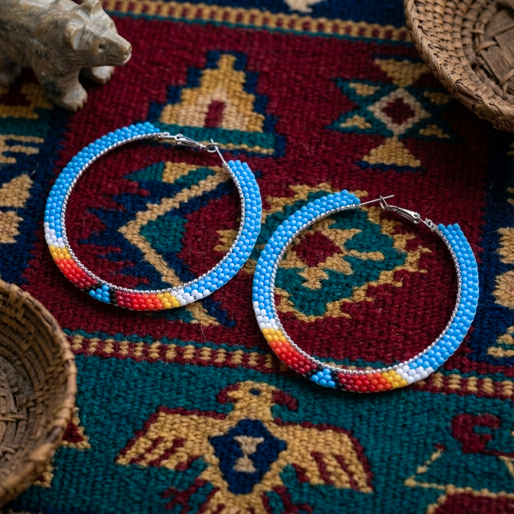 Native American Turquoise Beaded Hoop Earrings – Handmade Seed Bead Statement Jewelry