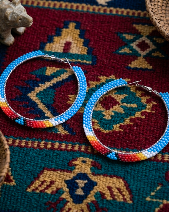 Native American Turquoise Beaded Hoop Earrings – Handmade Seed Bead Statement Jewelry