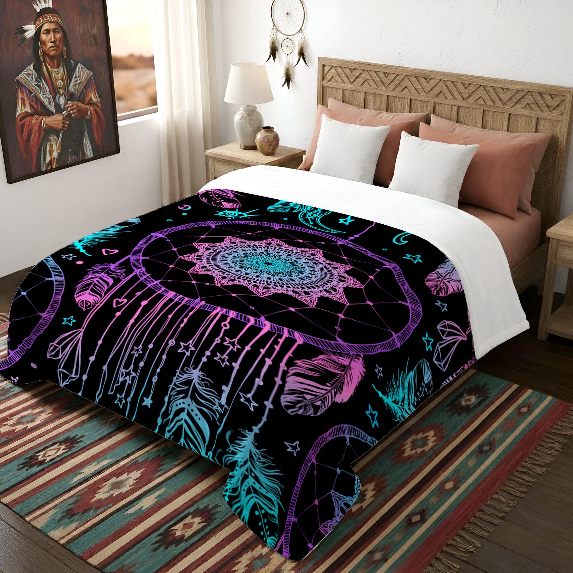 Native American Style Purple Dreamcatcher Soft And Warm Premium Fleece Blanket