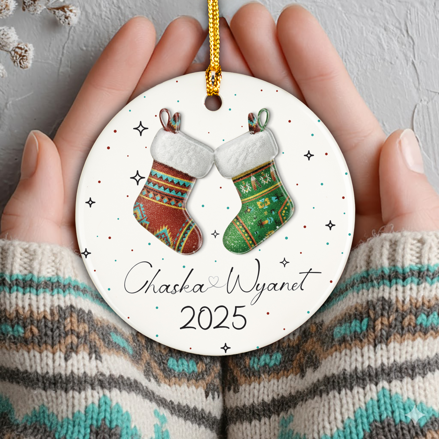 Couples Stocking Ceramic & Acrylic Round Ornament Native-Inspired Holiday Decor (Custom Name)