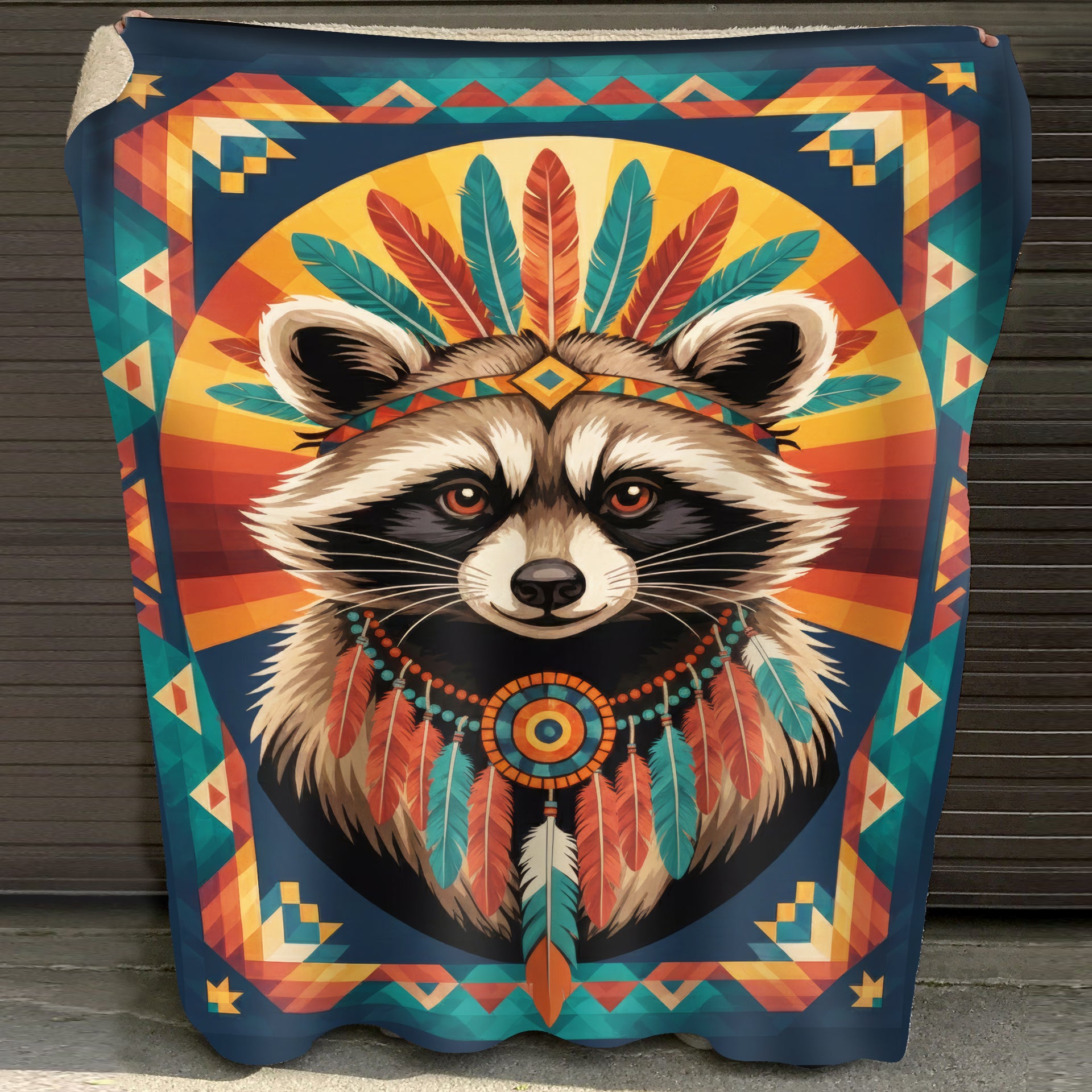 Colorful Feathered Raccoon Native American Cozy Fleece Blanket