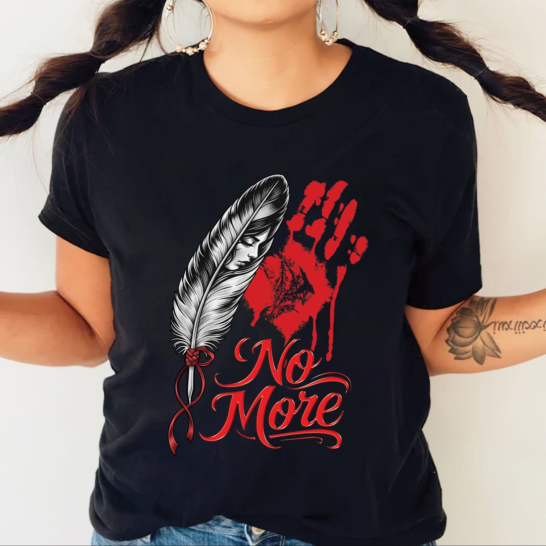 No More MMIW Awareness - Native American Feather & Handprint Design Unisex T-shirt/T-shirt V-Neck/Hoodie/Sweatshirt