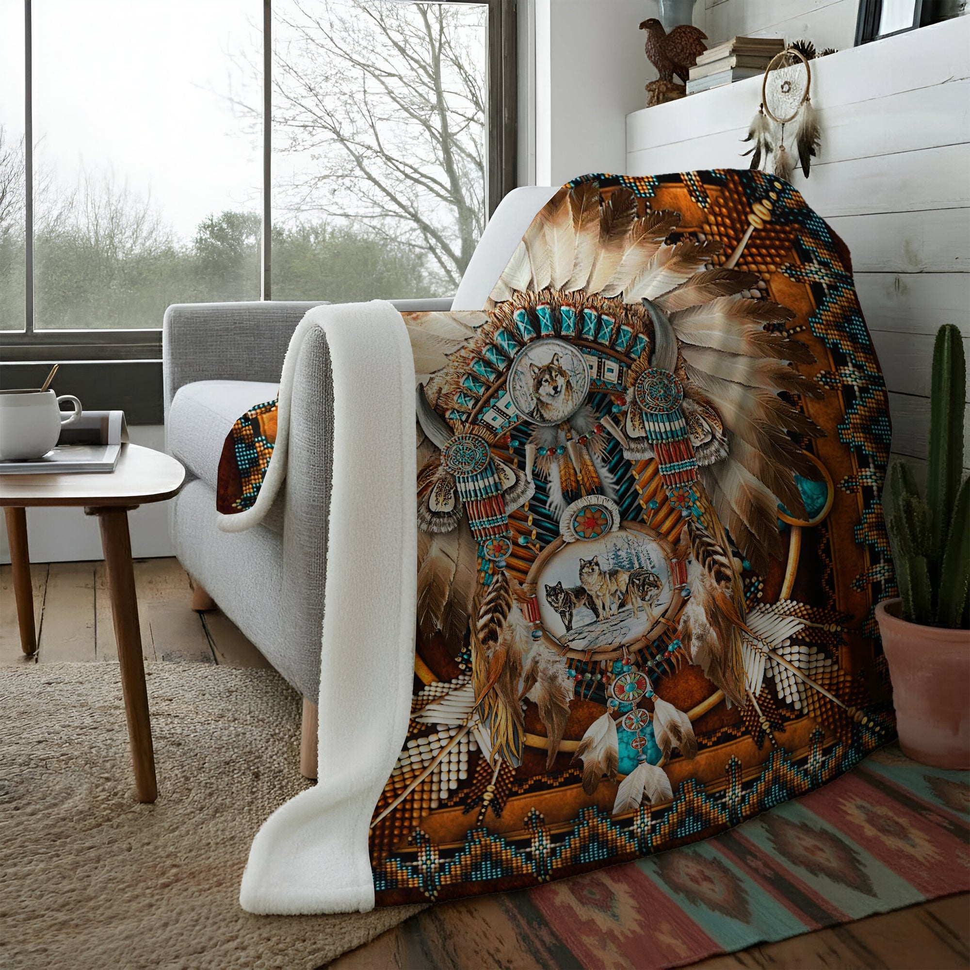 Wolf Spirit Dreamcatcher Native Spirit Art Premium Fleece Blanket