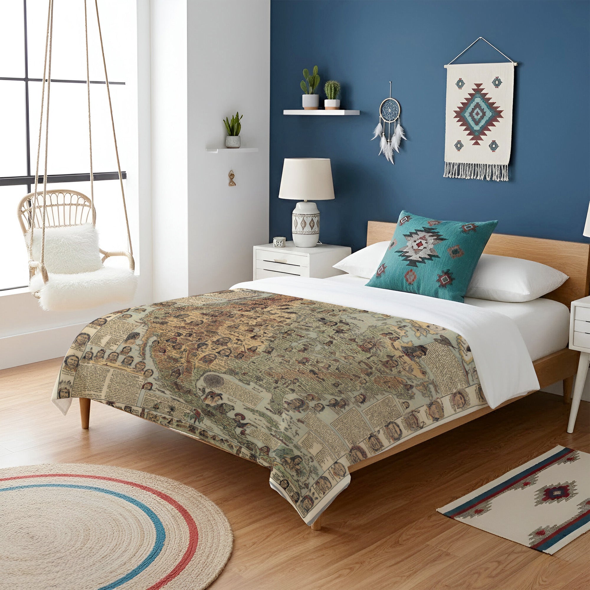 562 Native Tribes of North America Map Fleece Blanket, Native Design Camping Blanket Soft and Warm