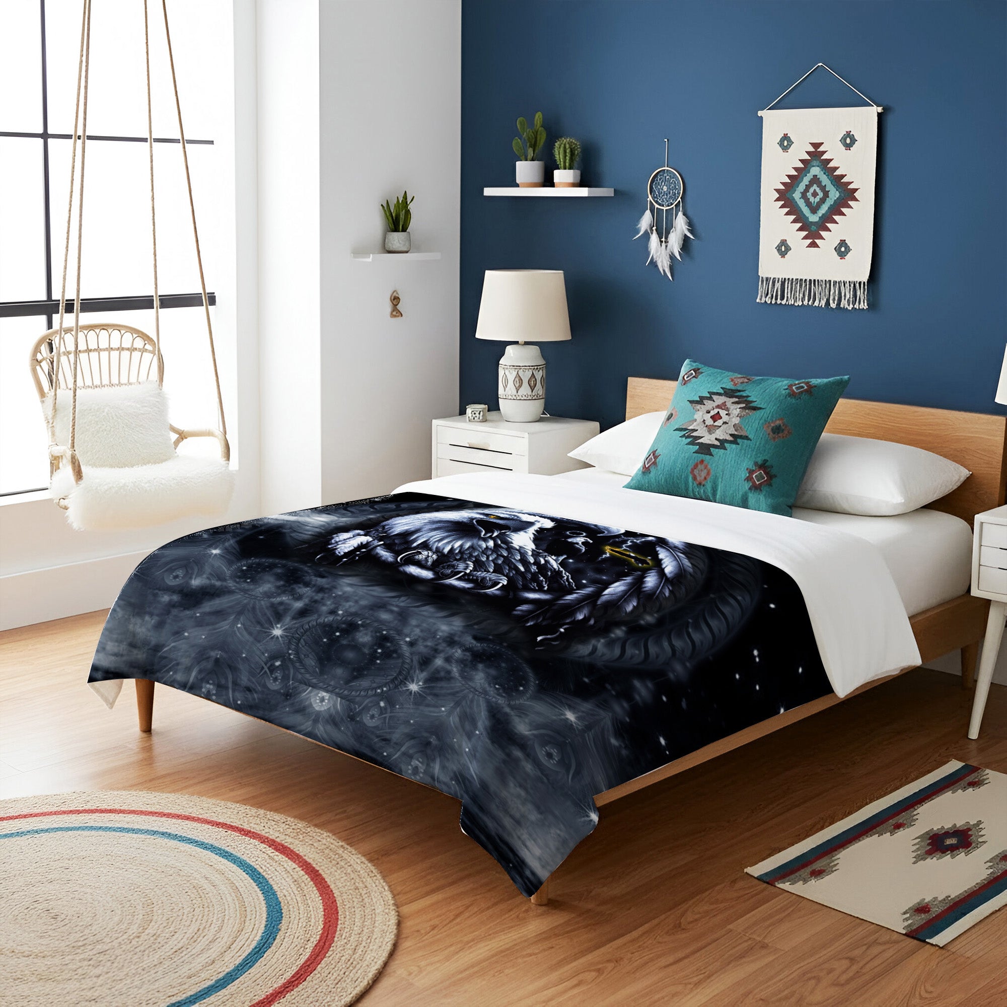 Native American Style Black Night Eagle Birds Soft and Warm Premium Fleece Blanket