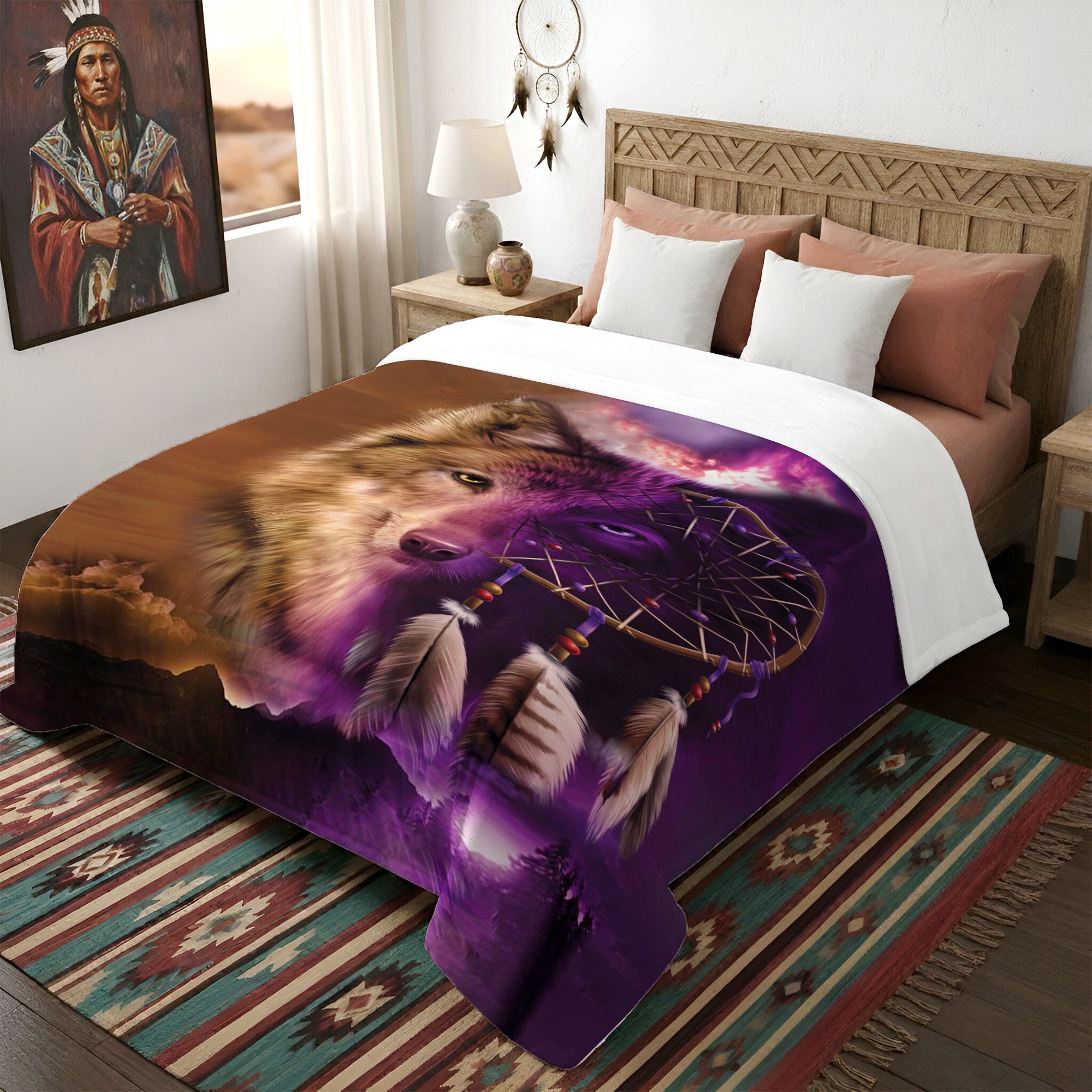 Native American Style  Wolf Native Soft And Warm Premium Fleece Blanket