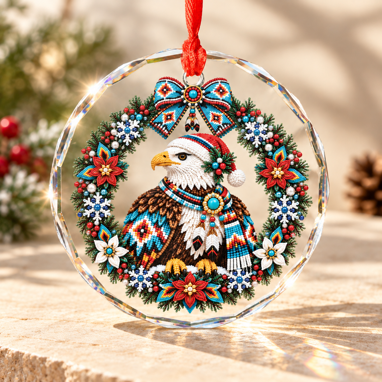 Native Beaded Eagle Santa Glass Ornament – Indigenous Art Decor