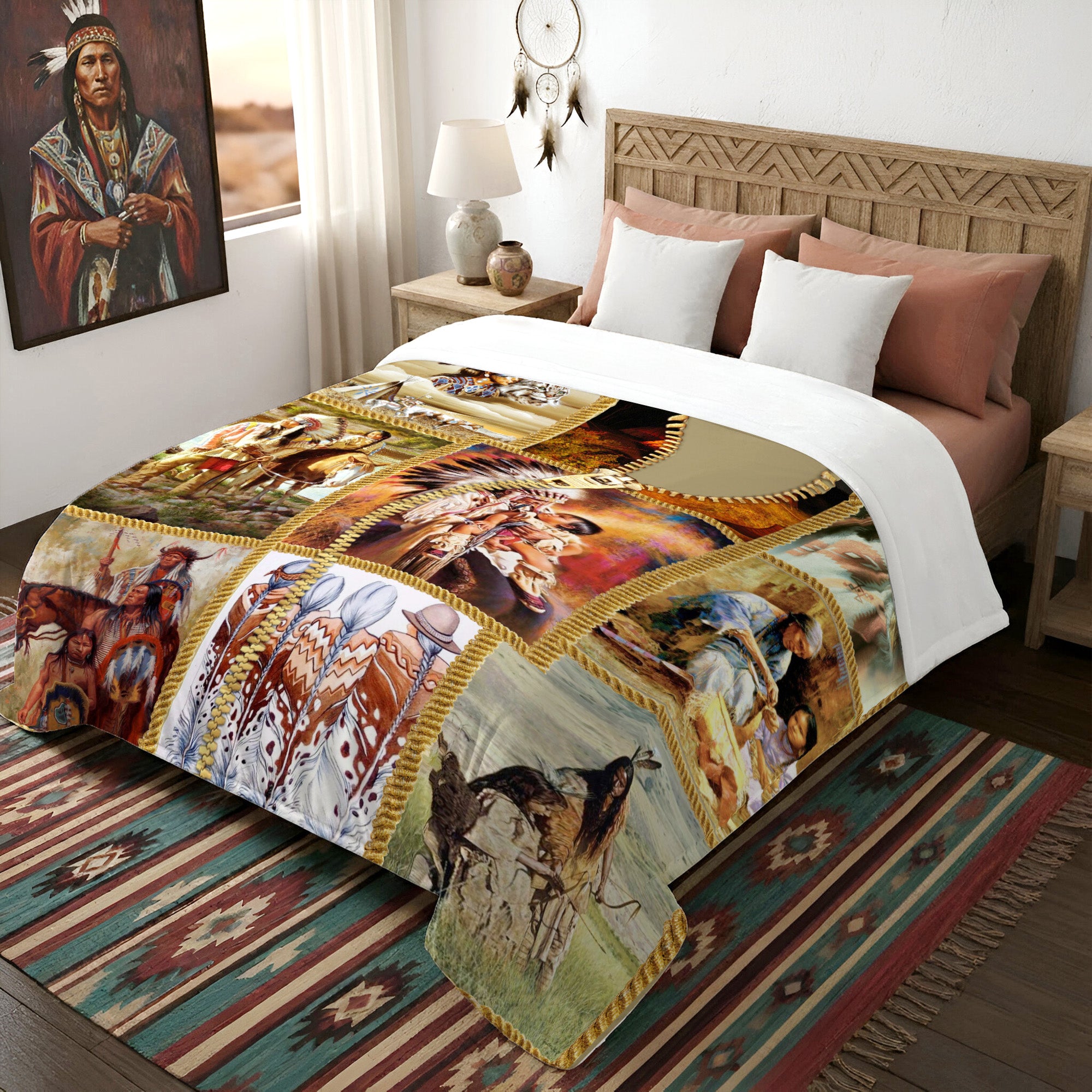 Native American Style Indigenous Family Soft and Warm Premium Fleece Blanket