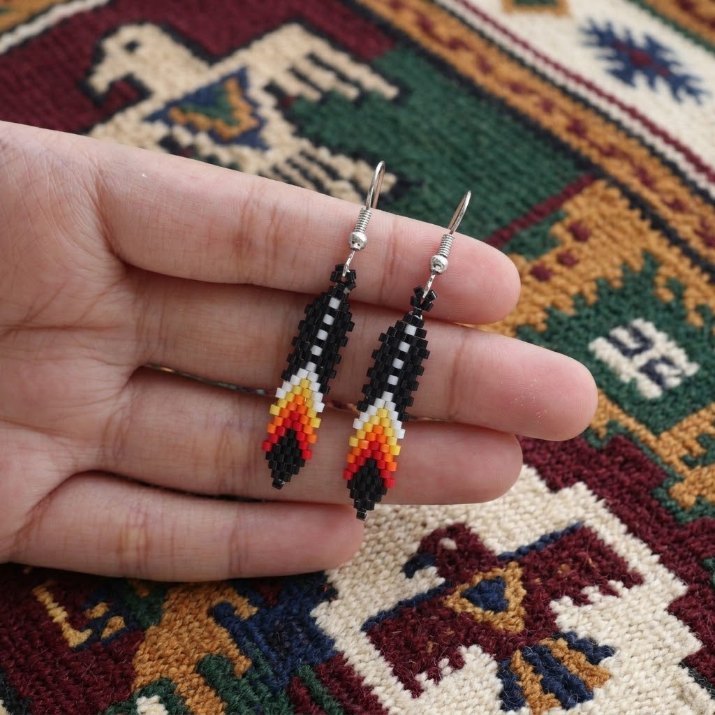 Native American Black Beaded Eagle Feather Earrings – Handmade Seed Bead Jewelry