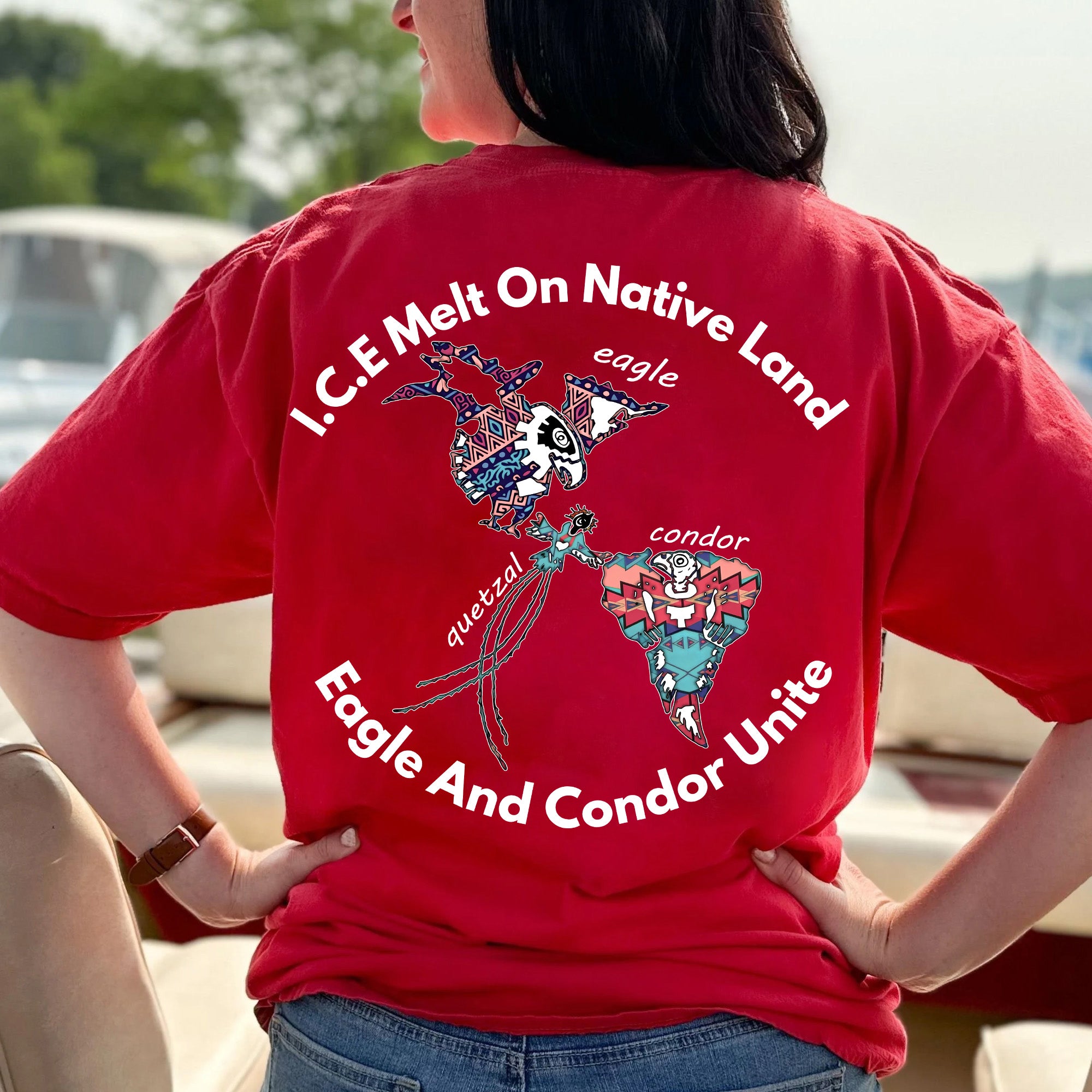 ICE Melt On Native Land – Eagle and Condor Unite Indigenous Solidarity Unisex T-shirt/T-shirt V-Neck/Hoodie/Sweatshirt - Two Sides