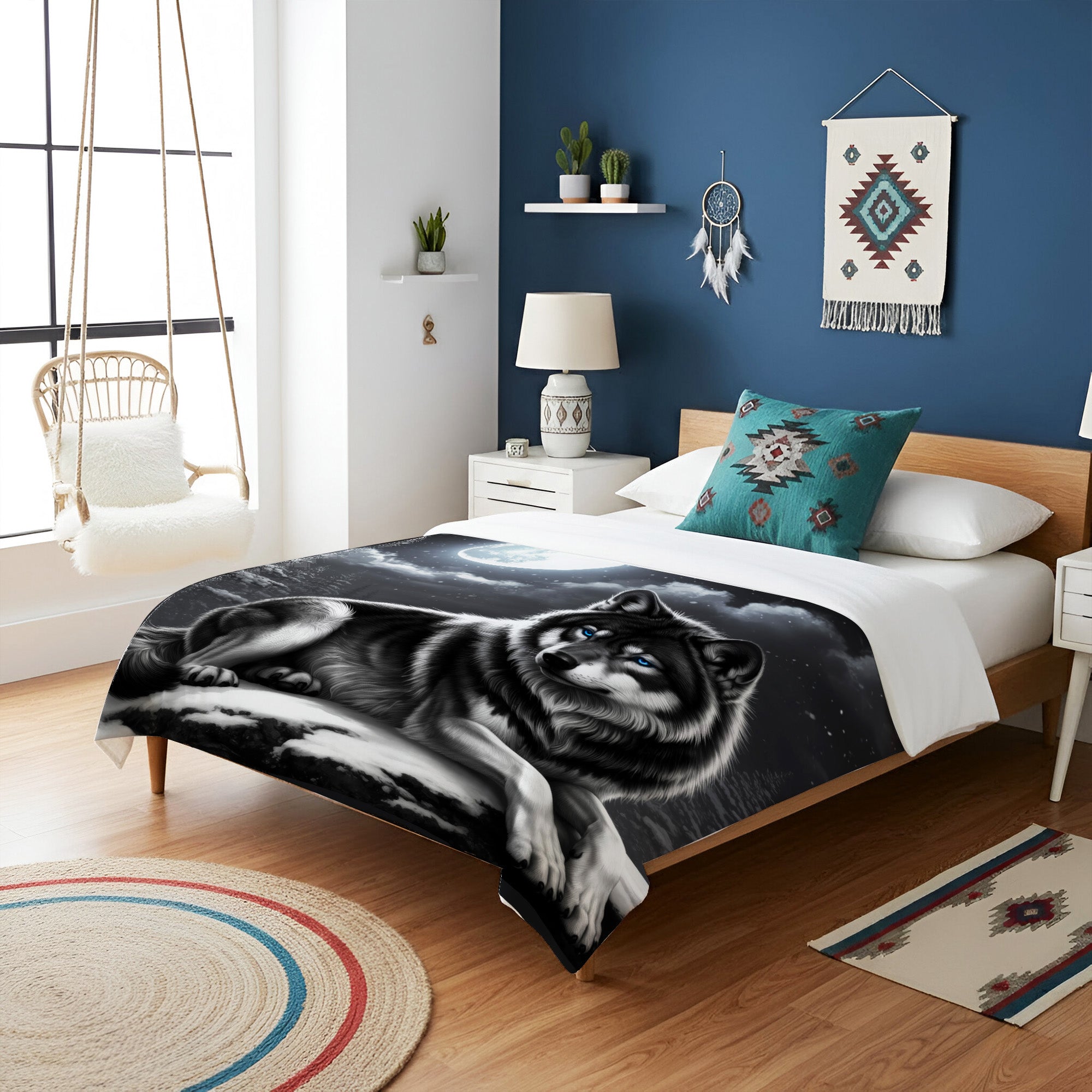 Sacred Wolf Under the Moon Native American Cozy Fleece Blanket